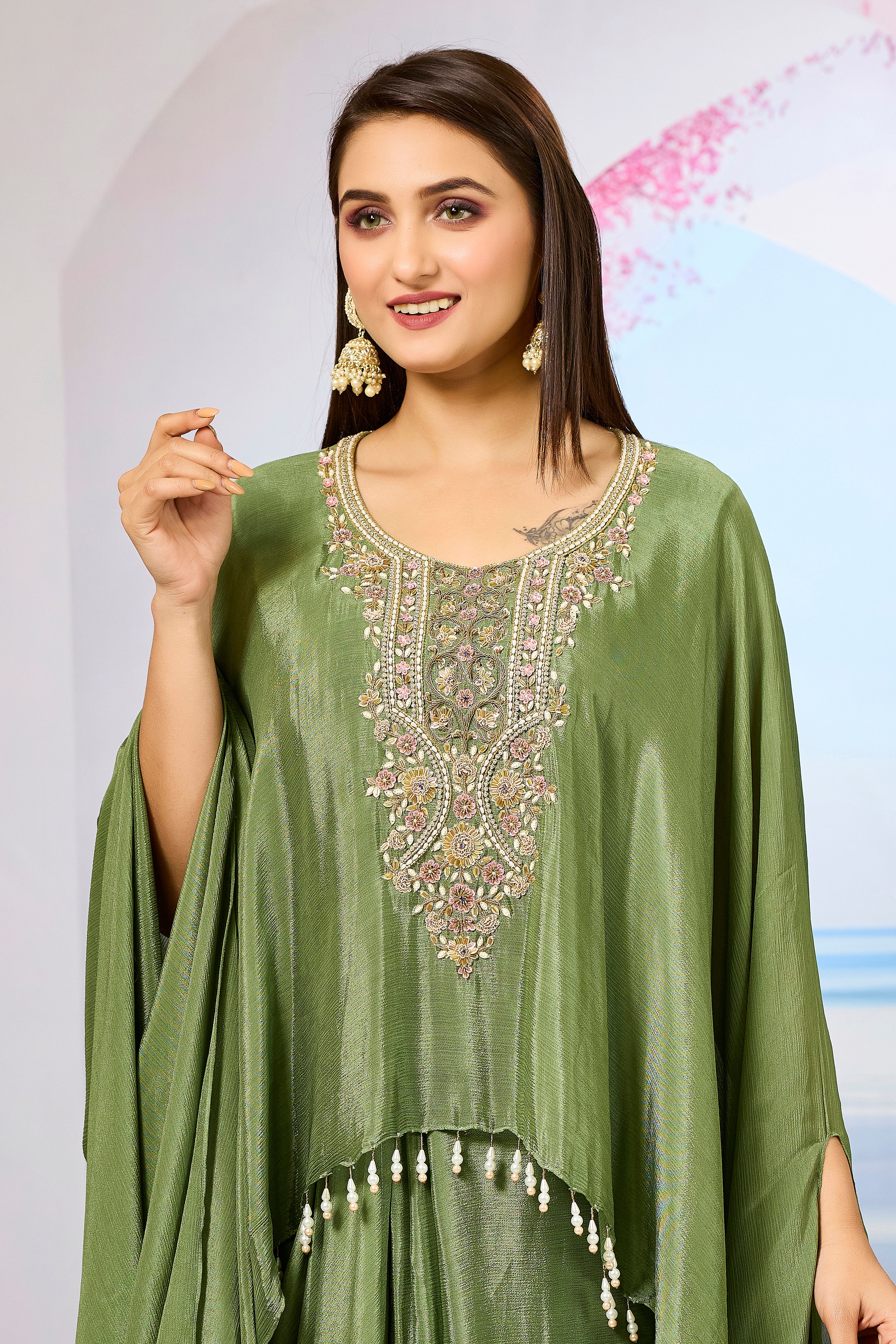 Green Embroidered Chinon Silk Skirt Set - Image 2