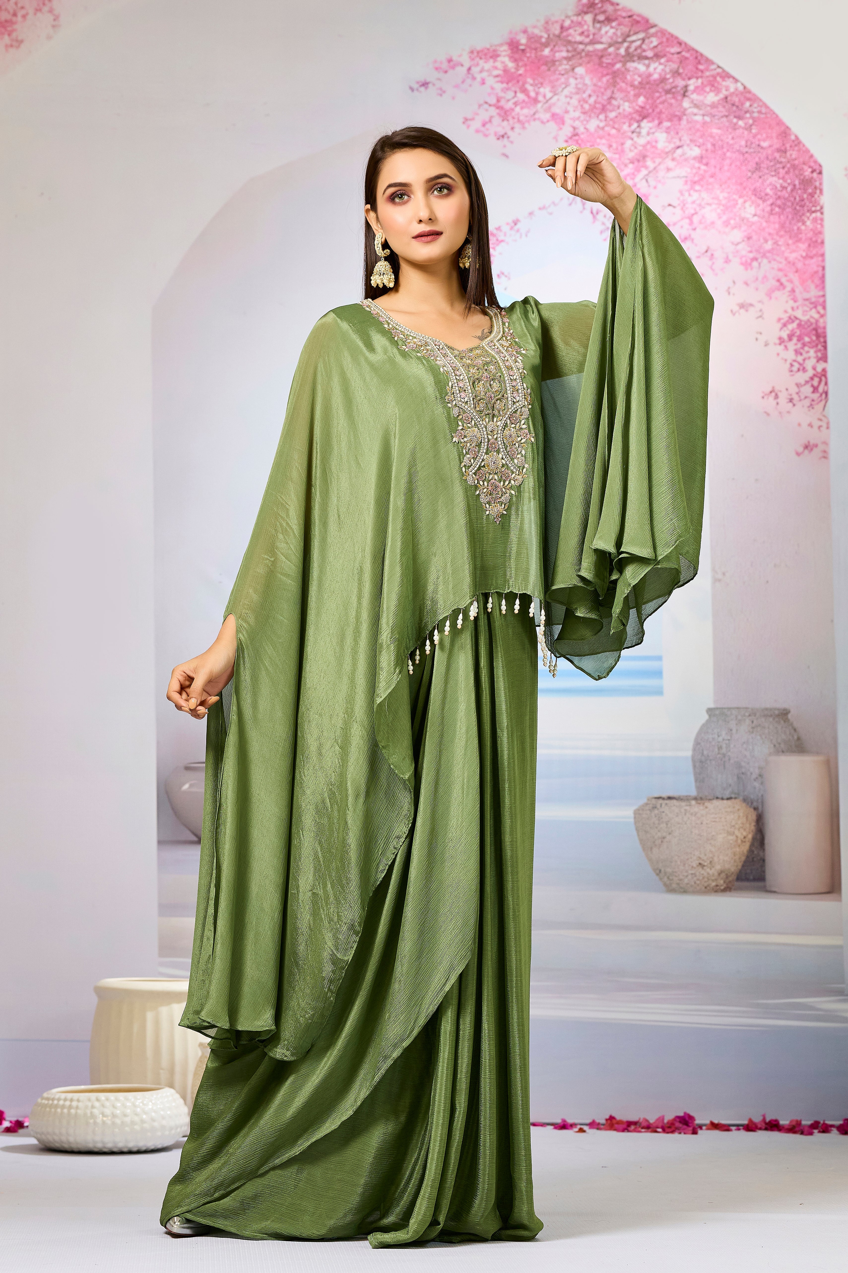 Green Embroidered Chinon Silk Skirt Set - Image 3