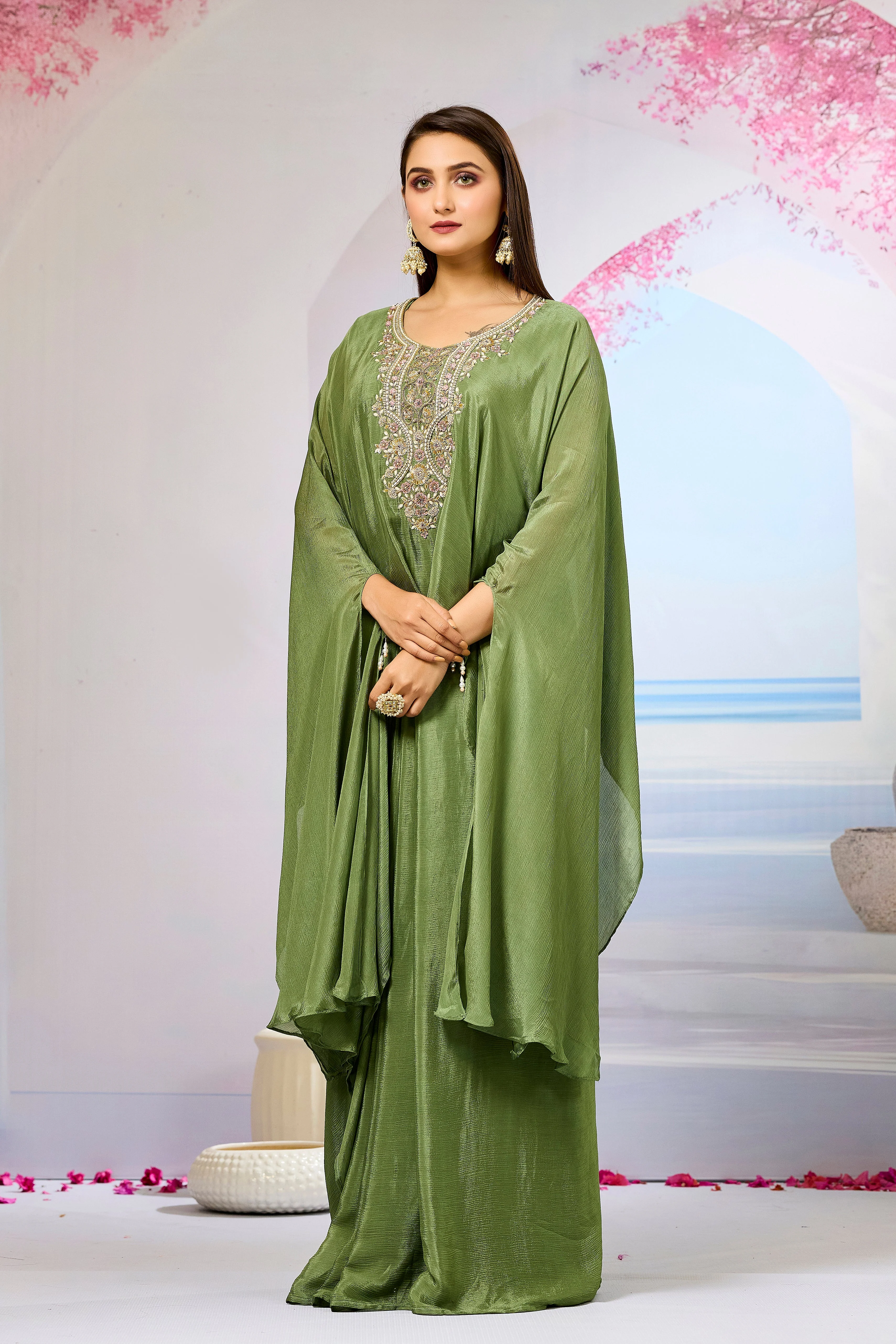 Green Embroidered Chinon Silk Skirt Set - Image 4