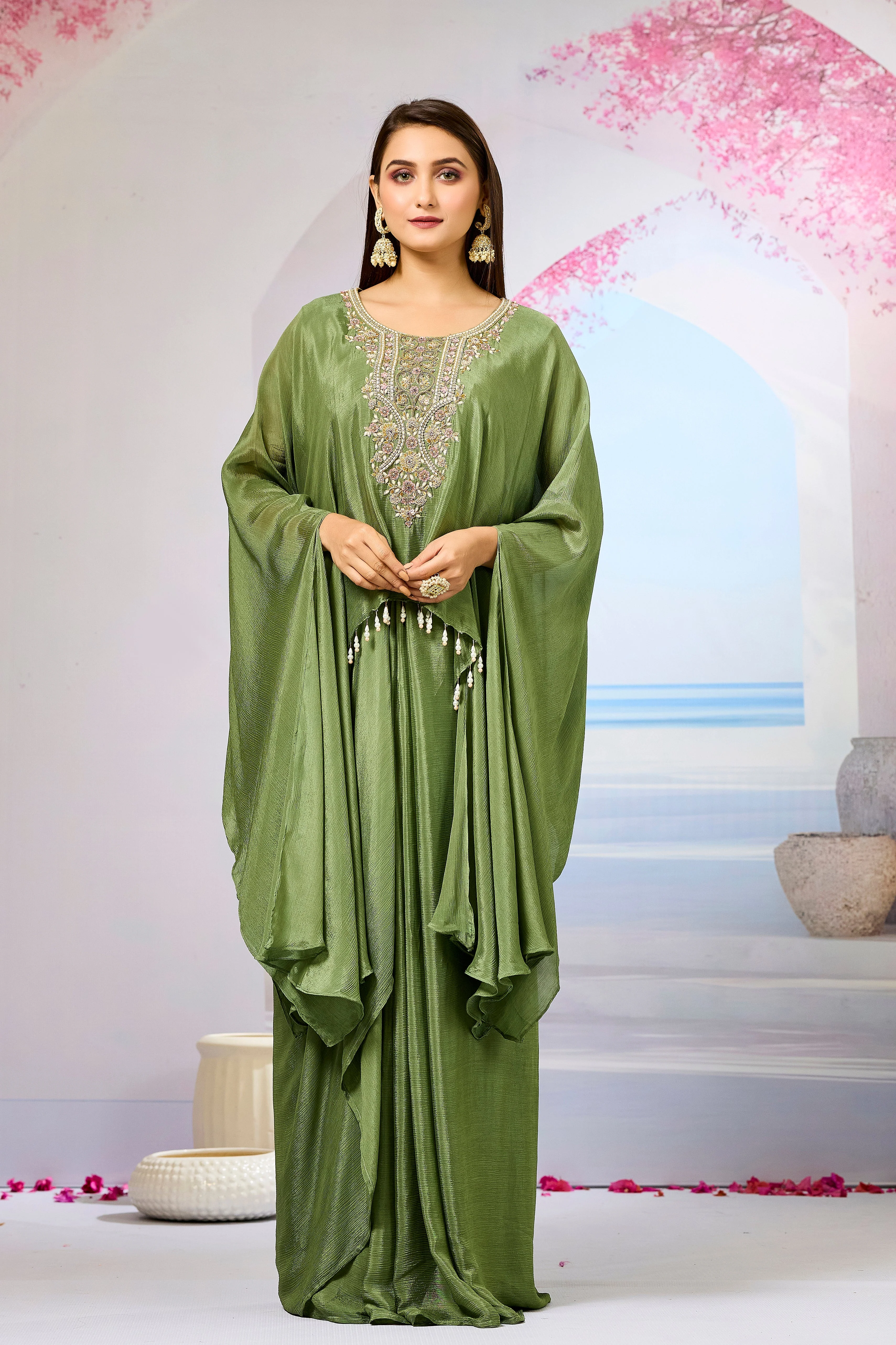 Green Embroidered Chinon Silk Skirt Set - Image 5