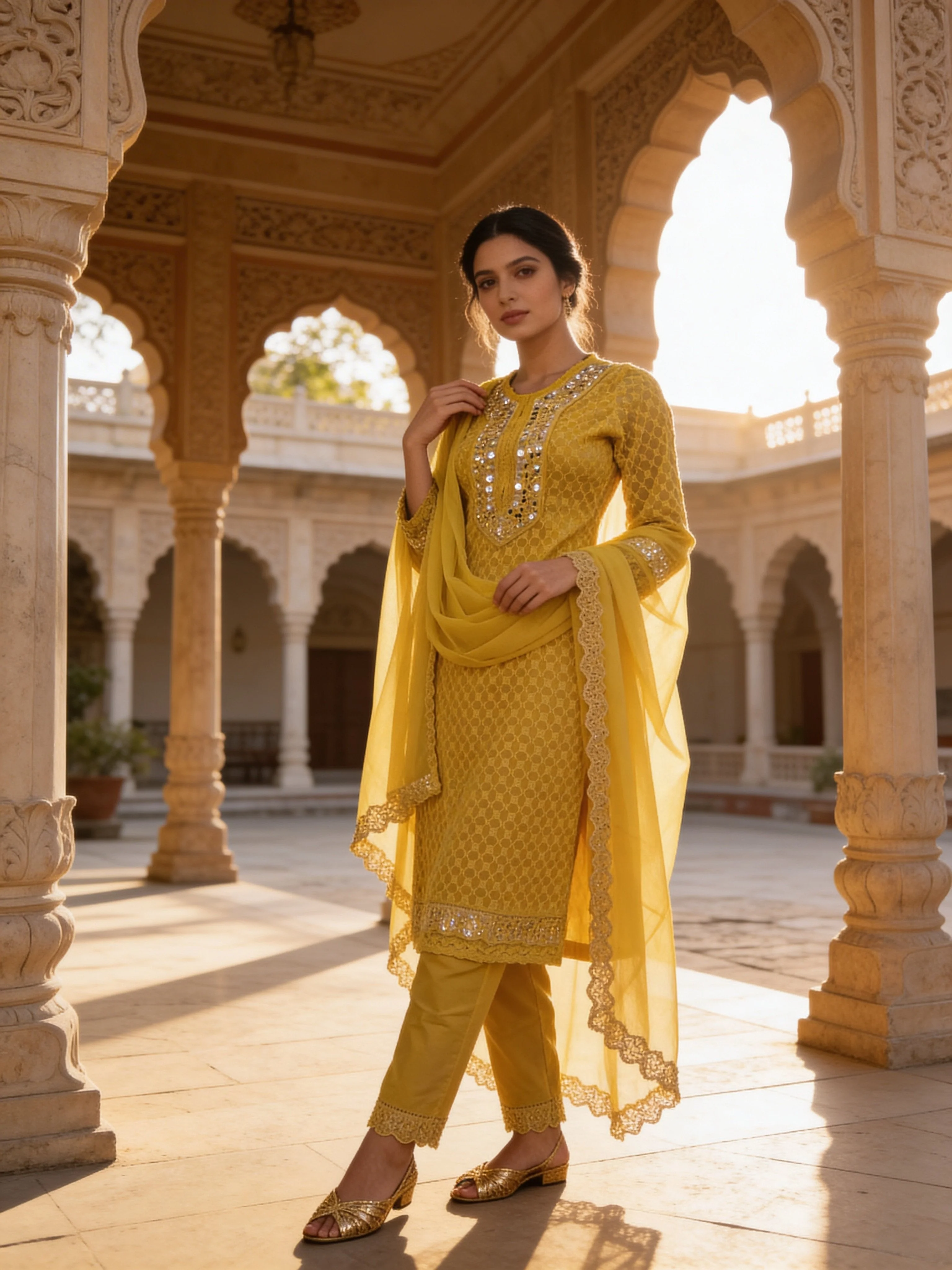 Lime Green Embroidered Georgette Silk Pant Set