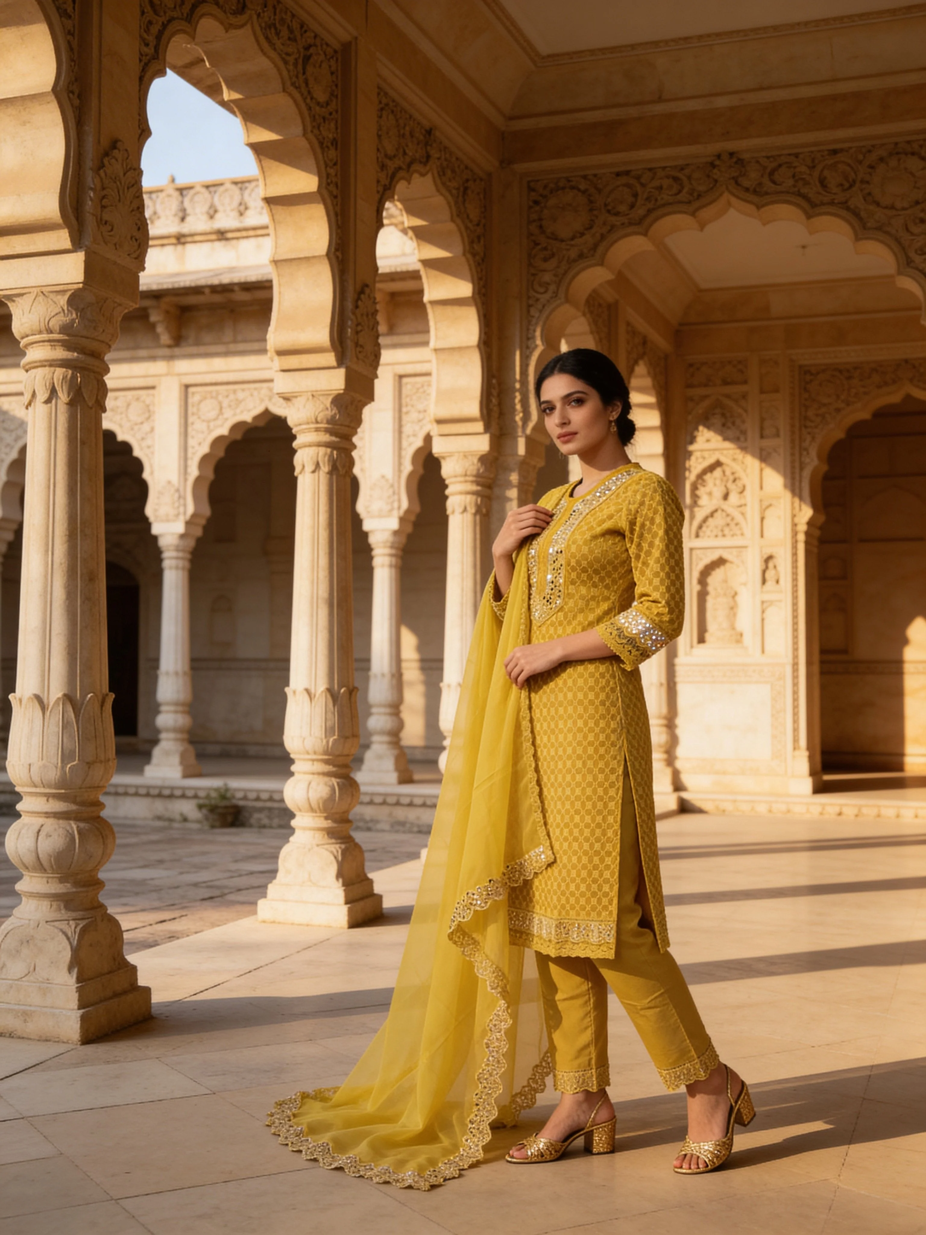 Lime Green Embroidered Georgette Silk Pant Set - Image 2