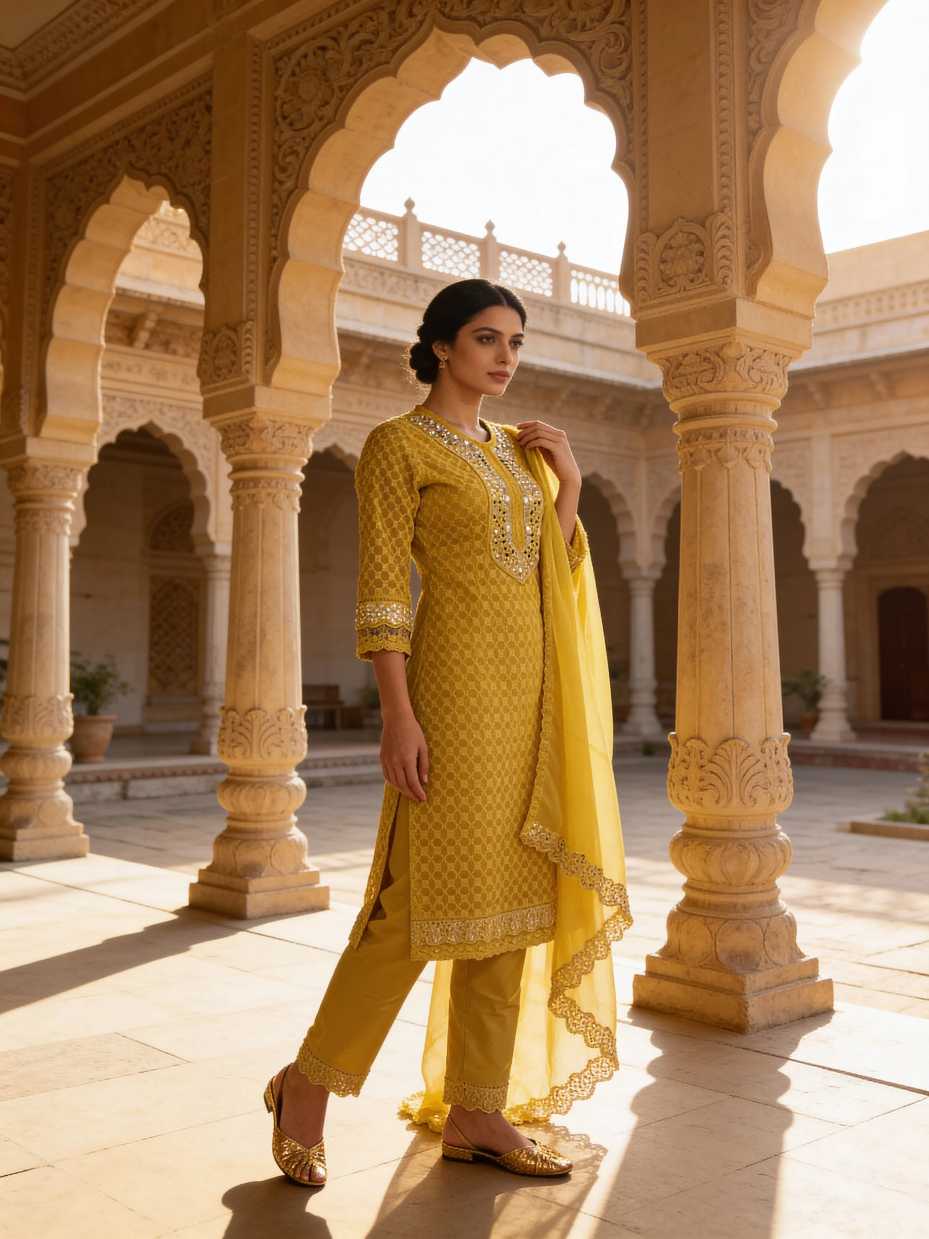 Lime Green Embroidered Georgette Silk Pant Set - Image 3