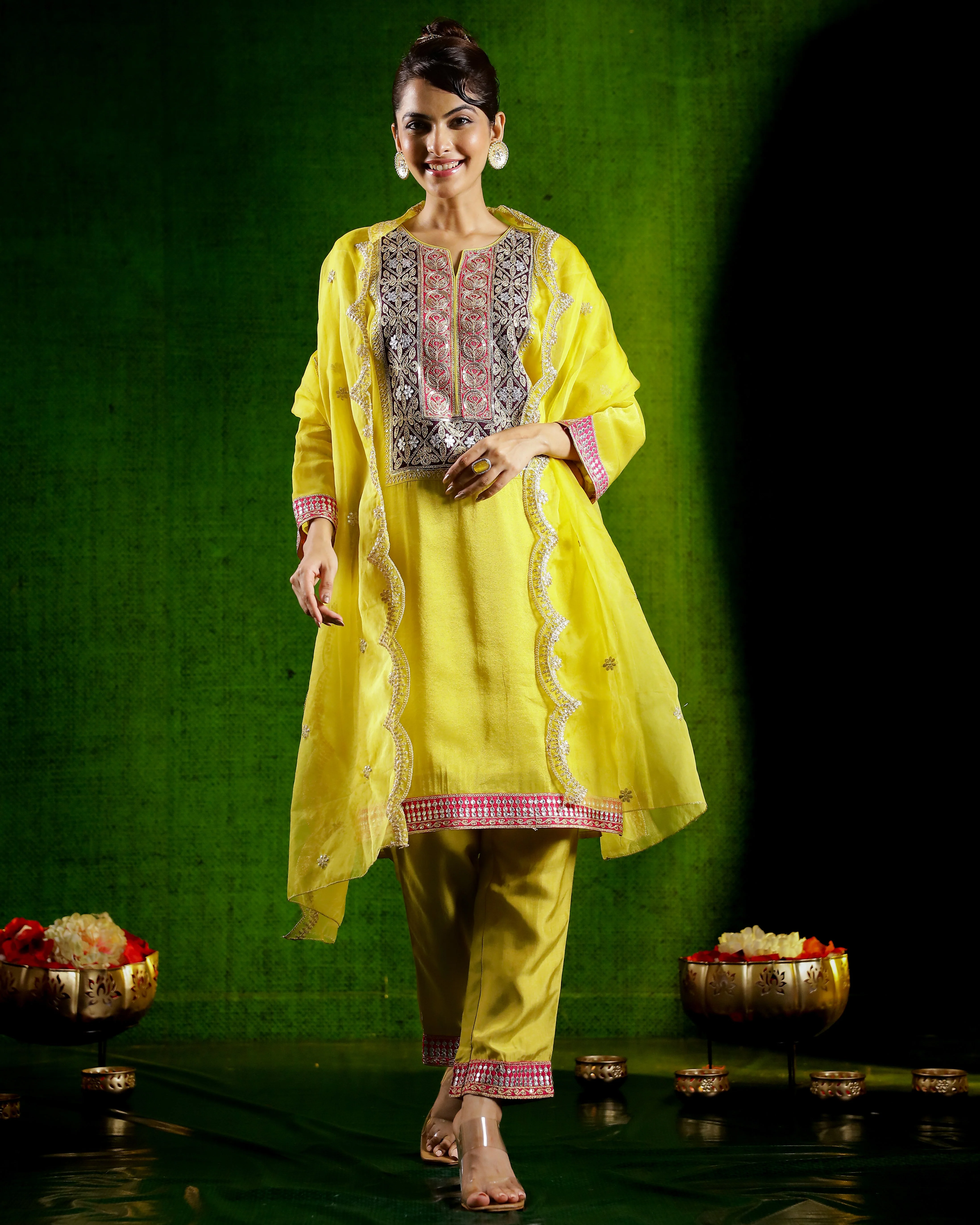 Green Embroidered German Silk Pants Set - Image 3
