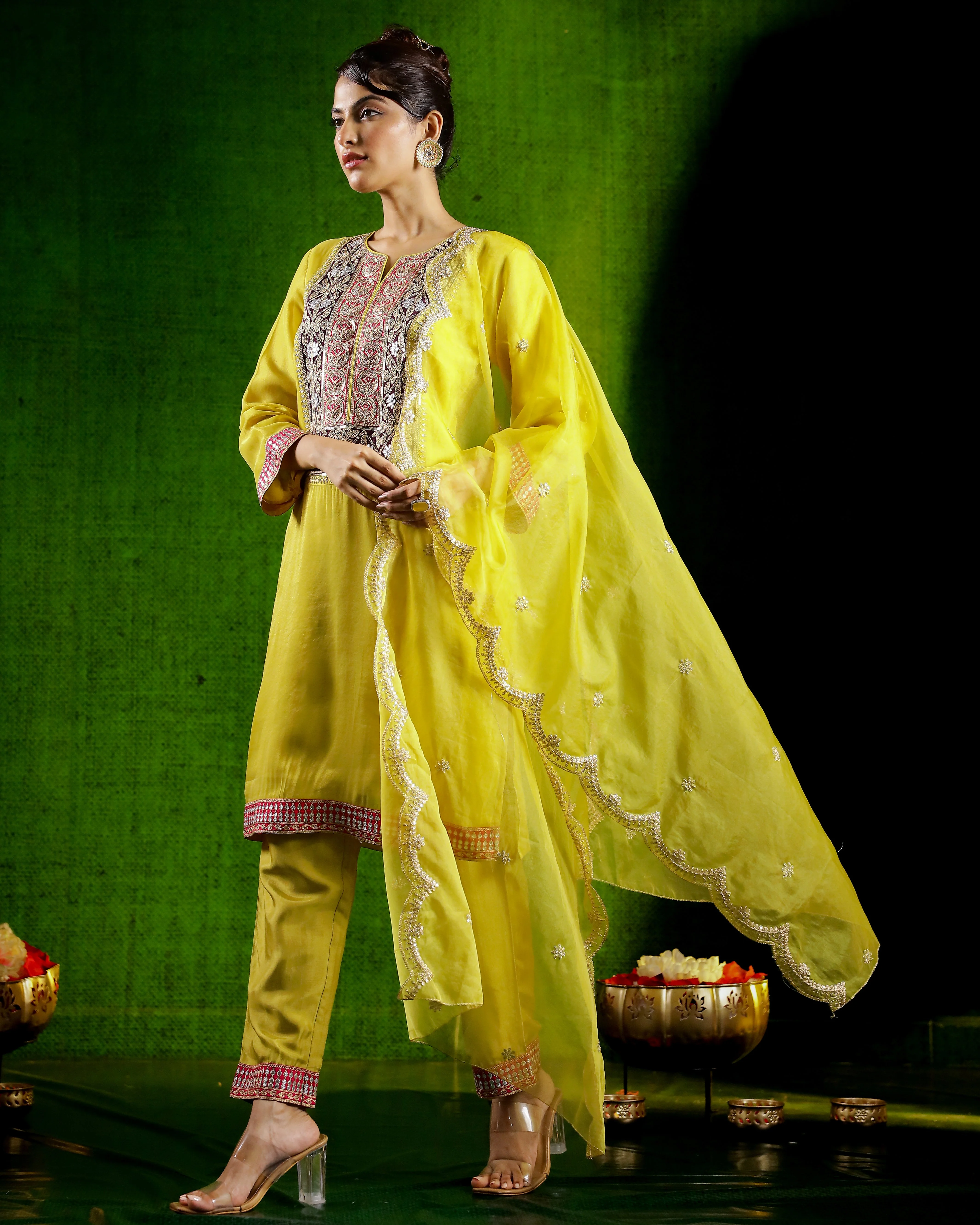 Green Embroidered German Silk Pants Set - Image 4