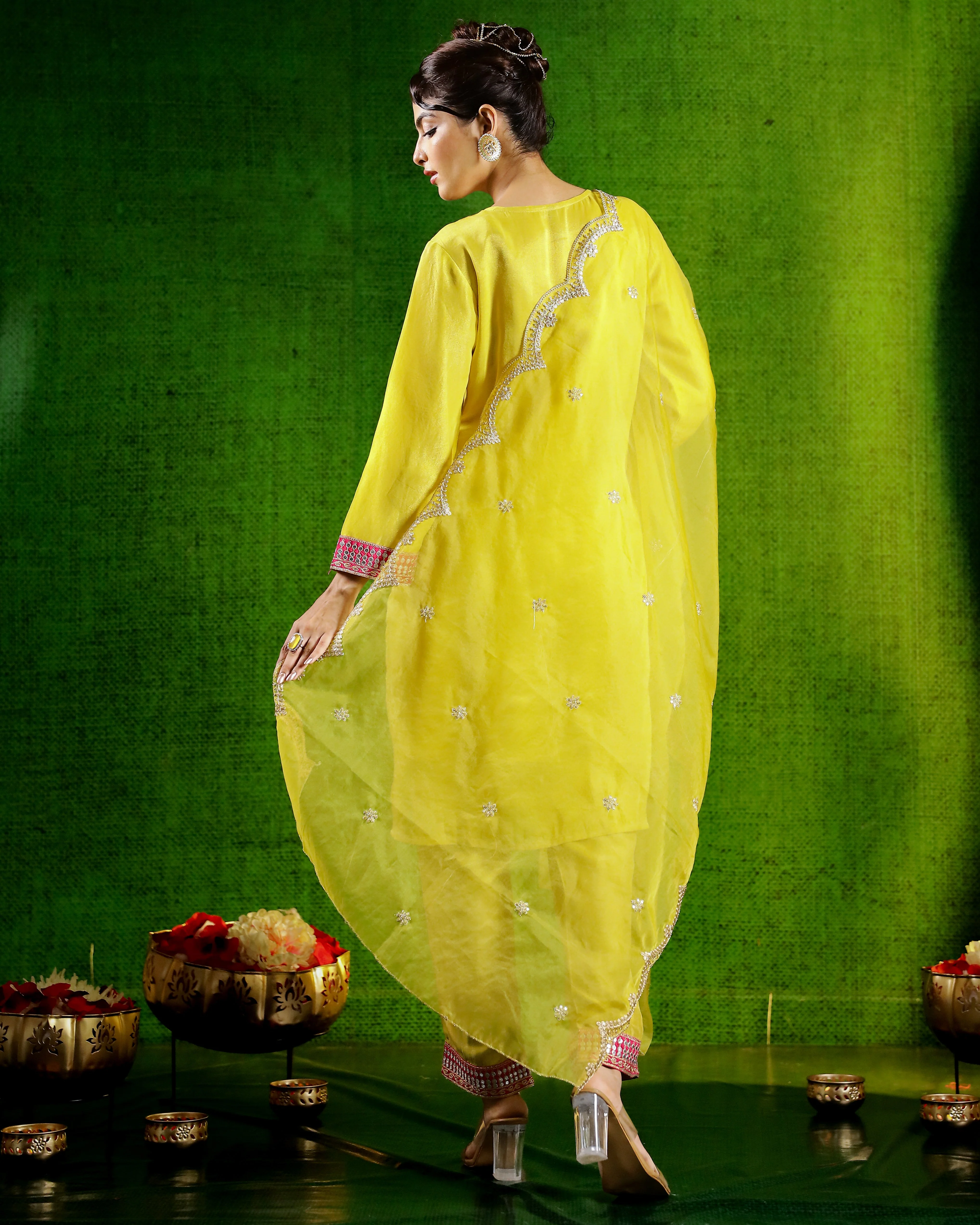 Green Embroidered German Silk Pants Set - Image 5