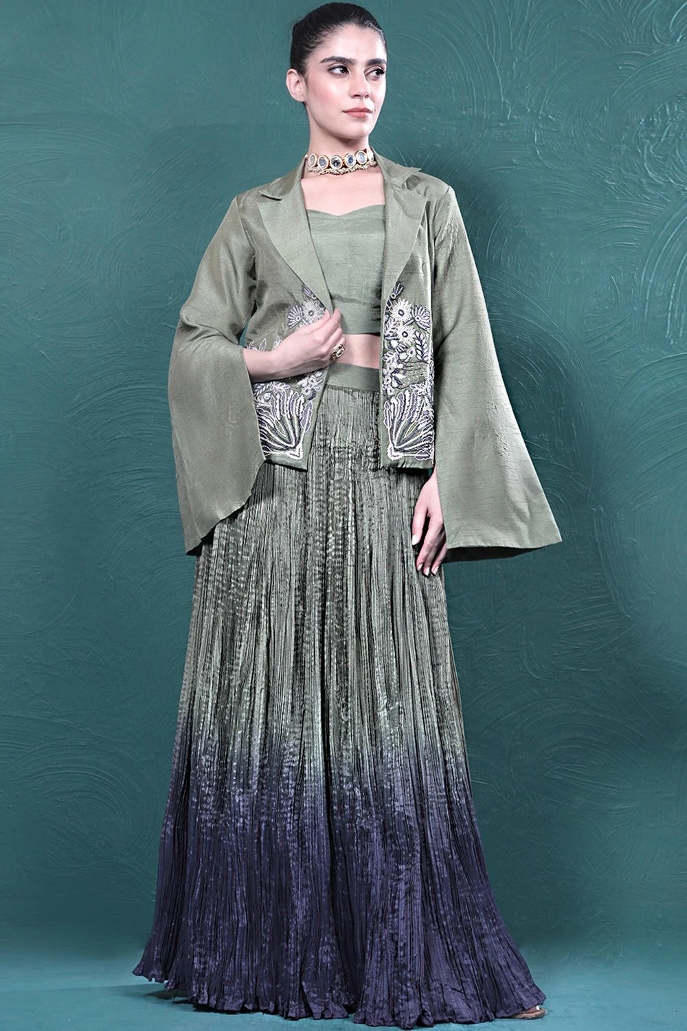 Green Embroidered Jacket Skirt Set