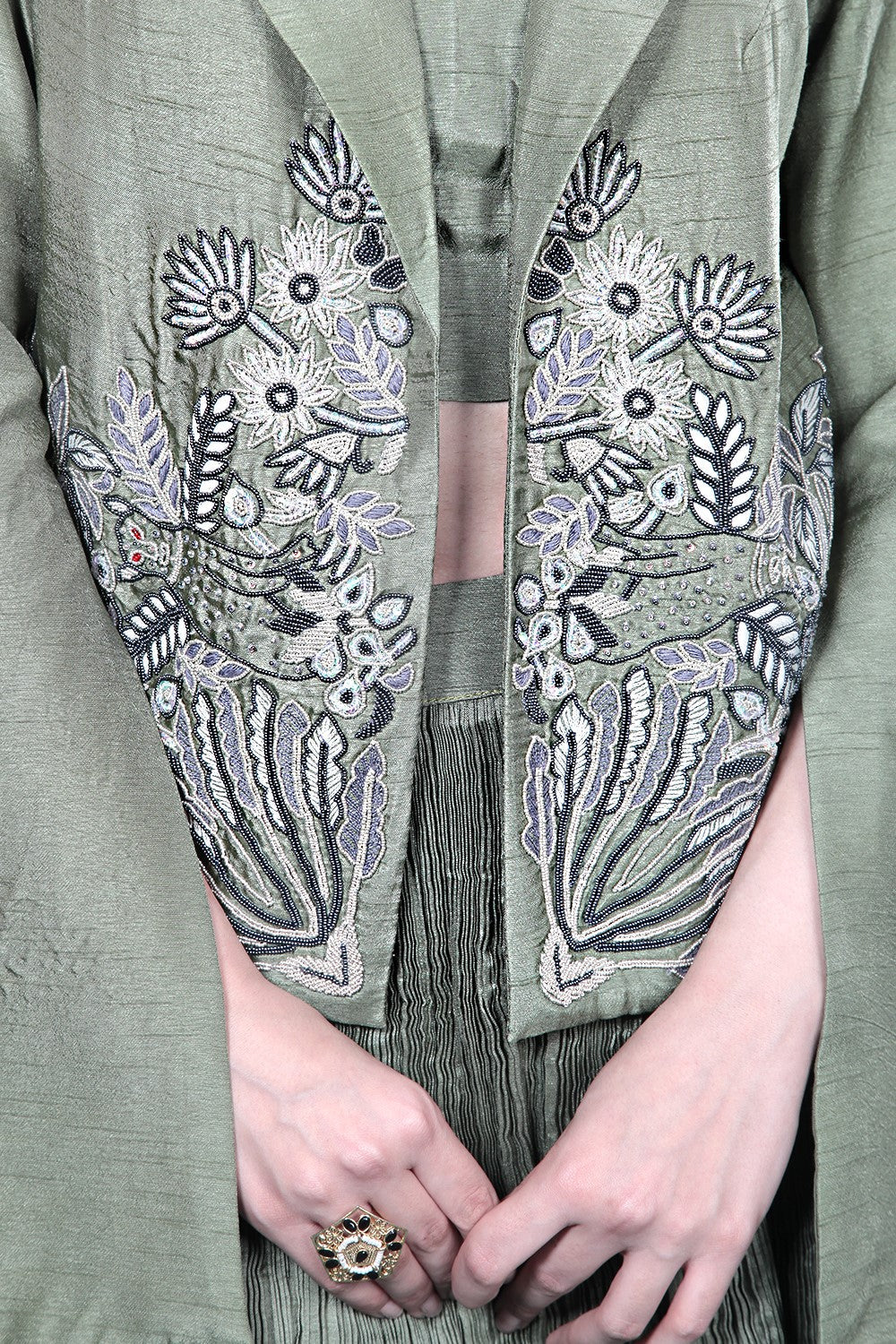 Green Embroidered Jacket Skirt Set - Image 10