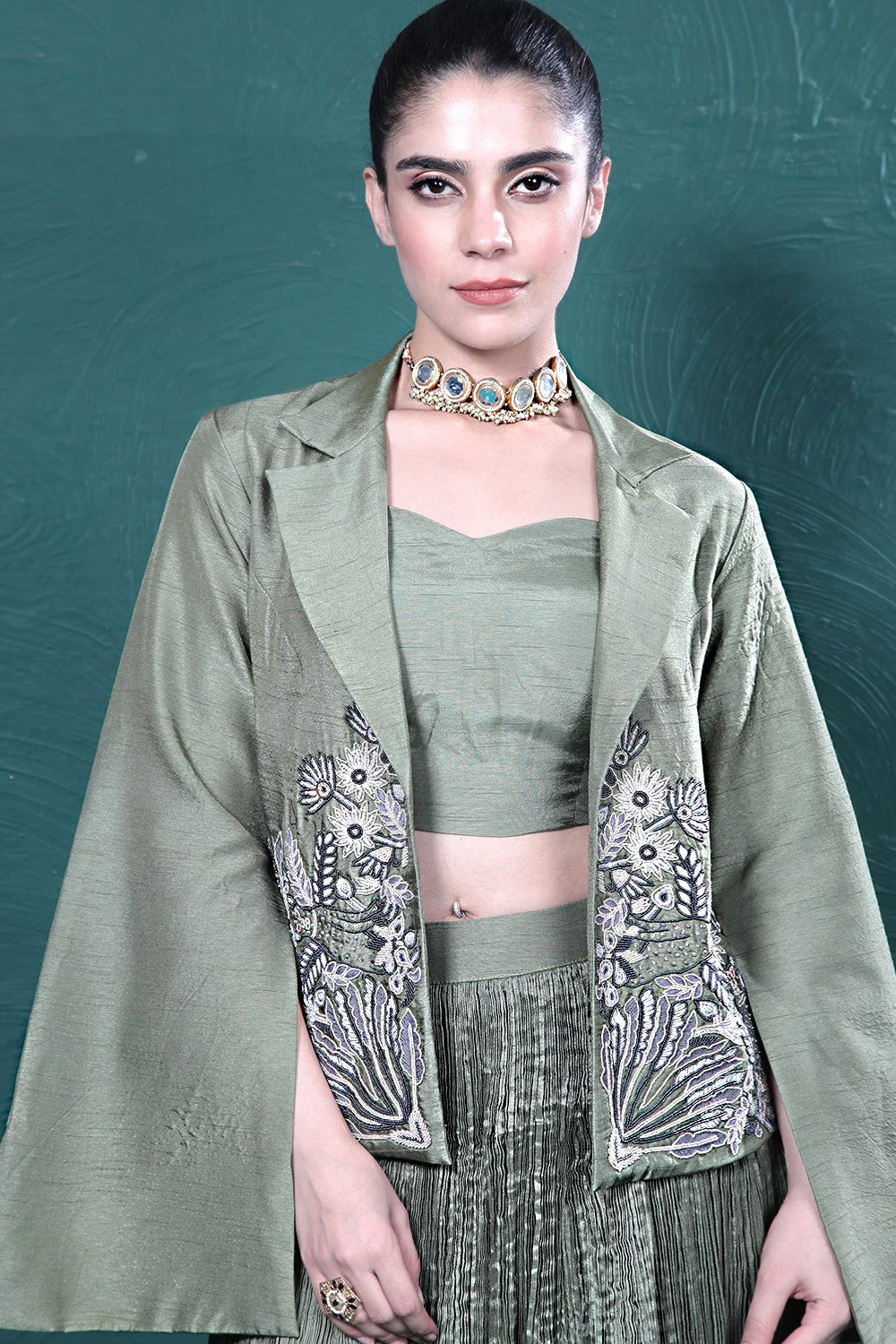 Green Embroidered Jacket Skirt Set - Image 2