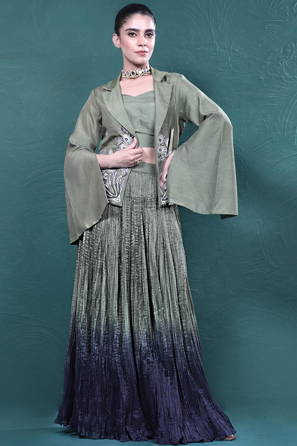 Green Embroidered Jacket Skirt Set - Image 6