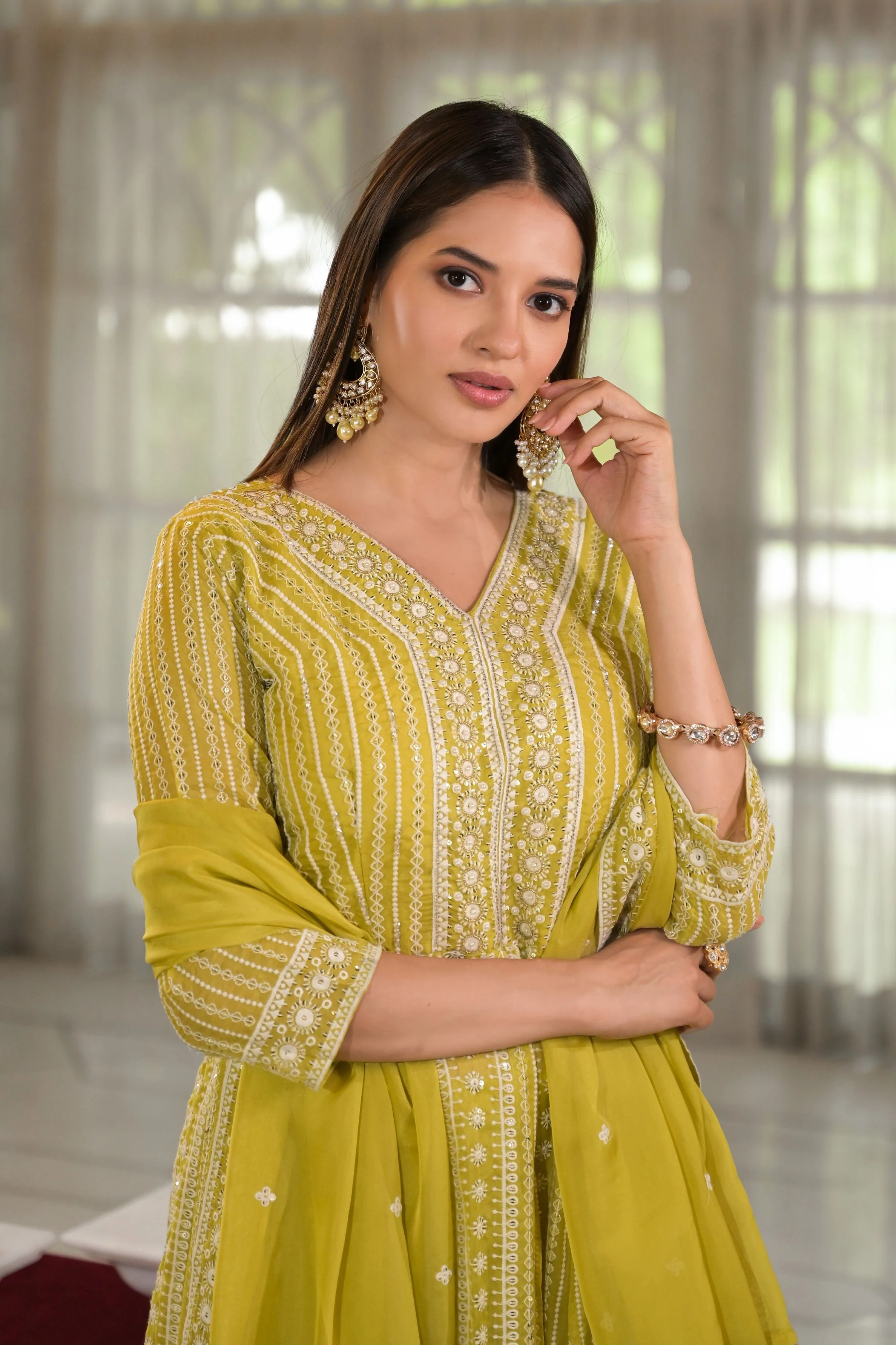 Green Embroidered Organza Silk Anarkali Set - Image 2