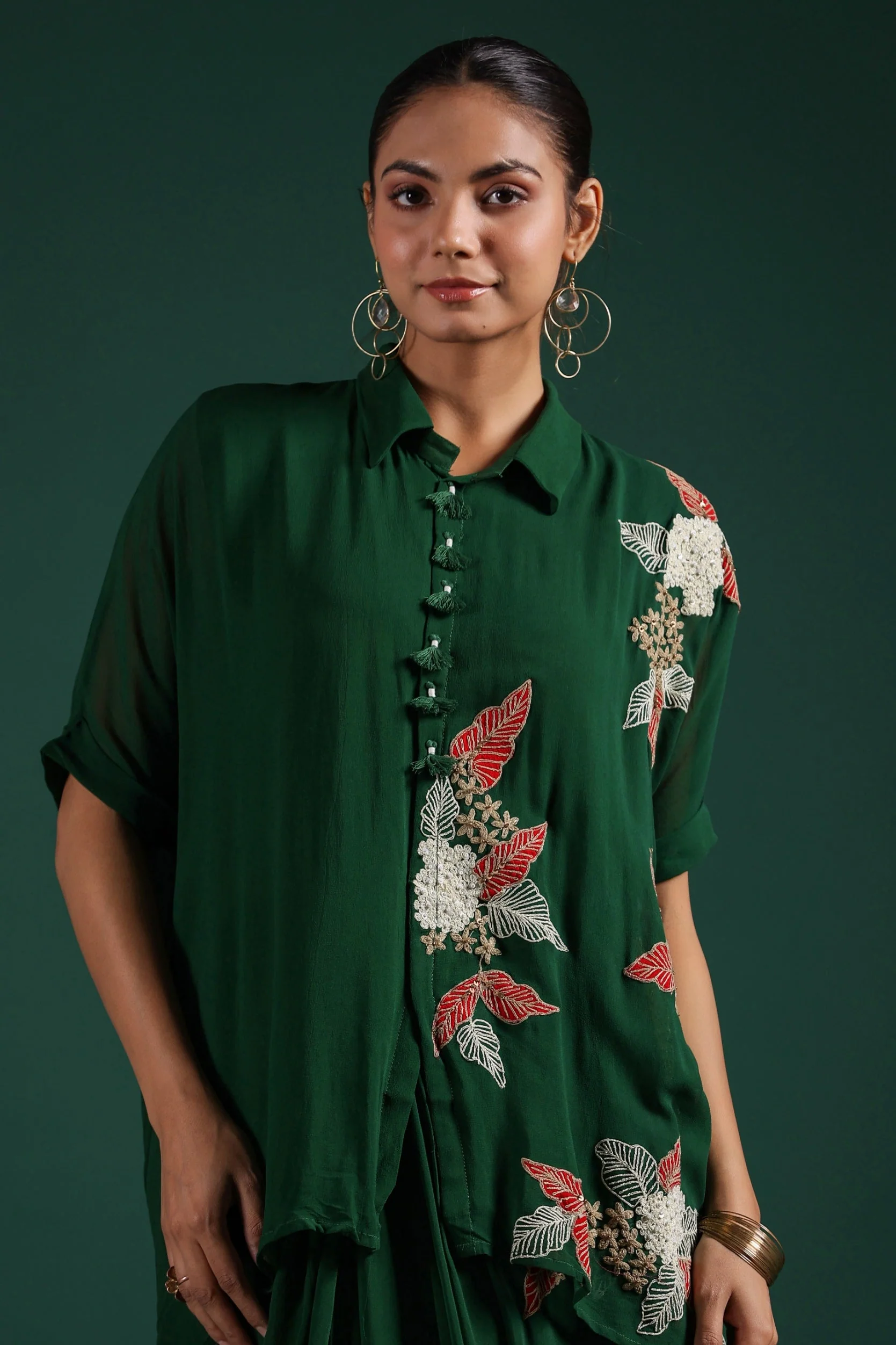 Deep Green Embroidered Premium Georgette Skirt Set - Image 2