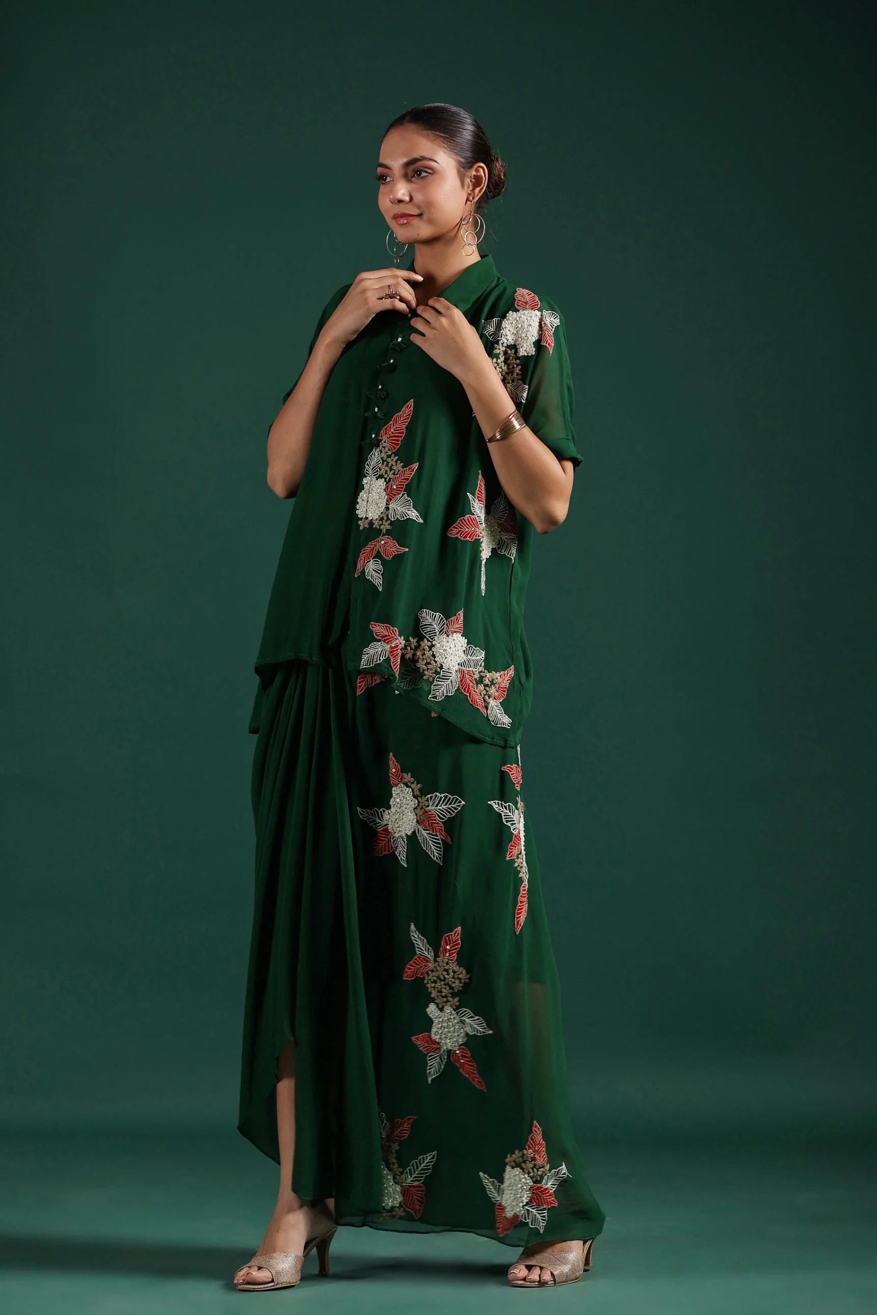 Deep Green Embroidered Premium Georgette Skirt Set - Image 3