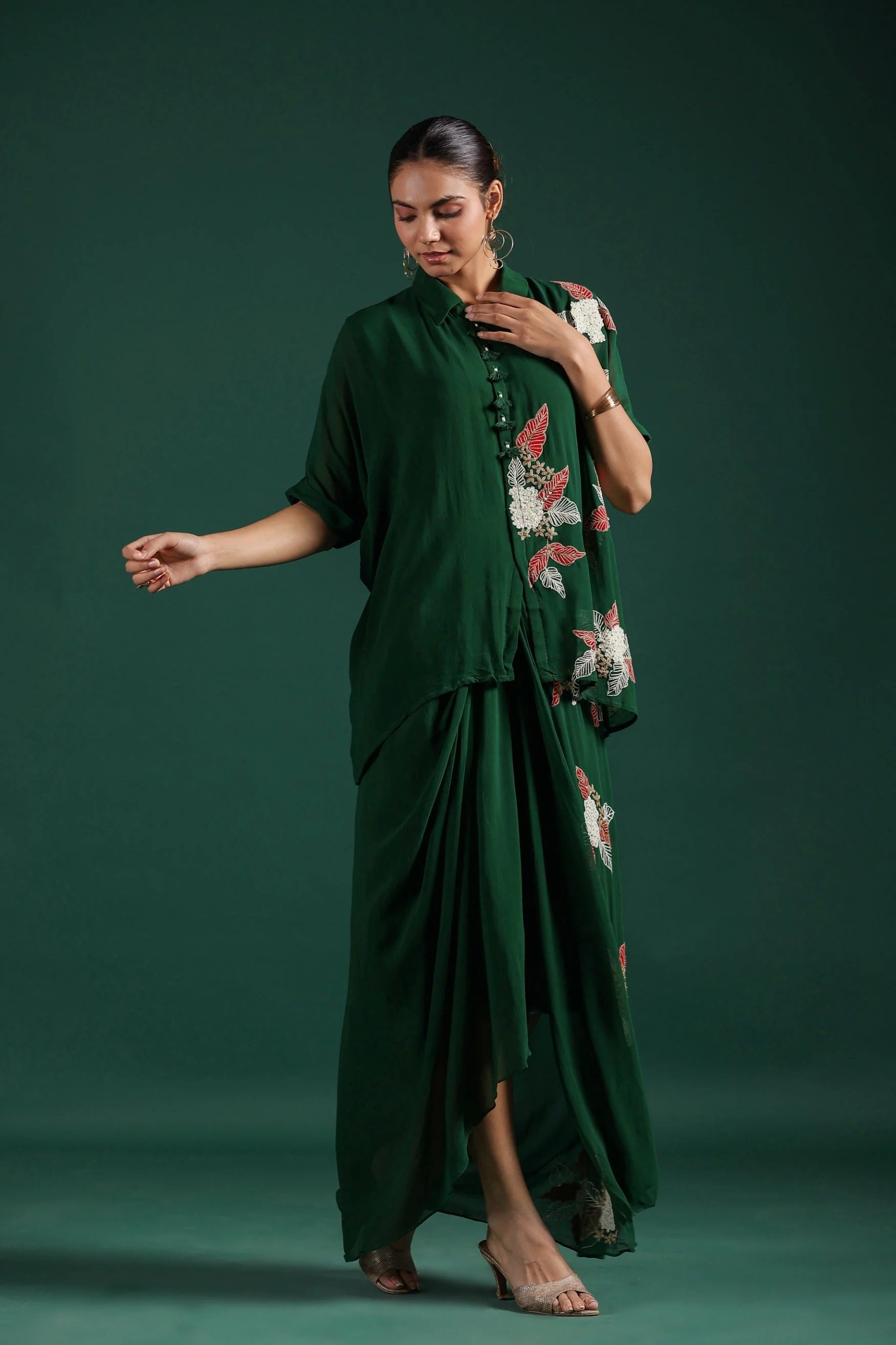 Deep Green Embroidered Premium Georgette Skirt Set - Image 4
