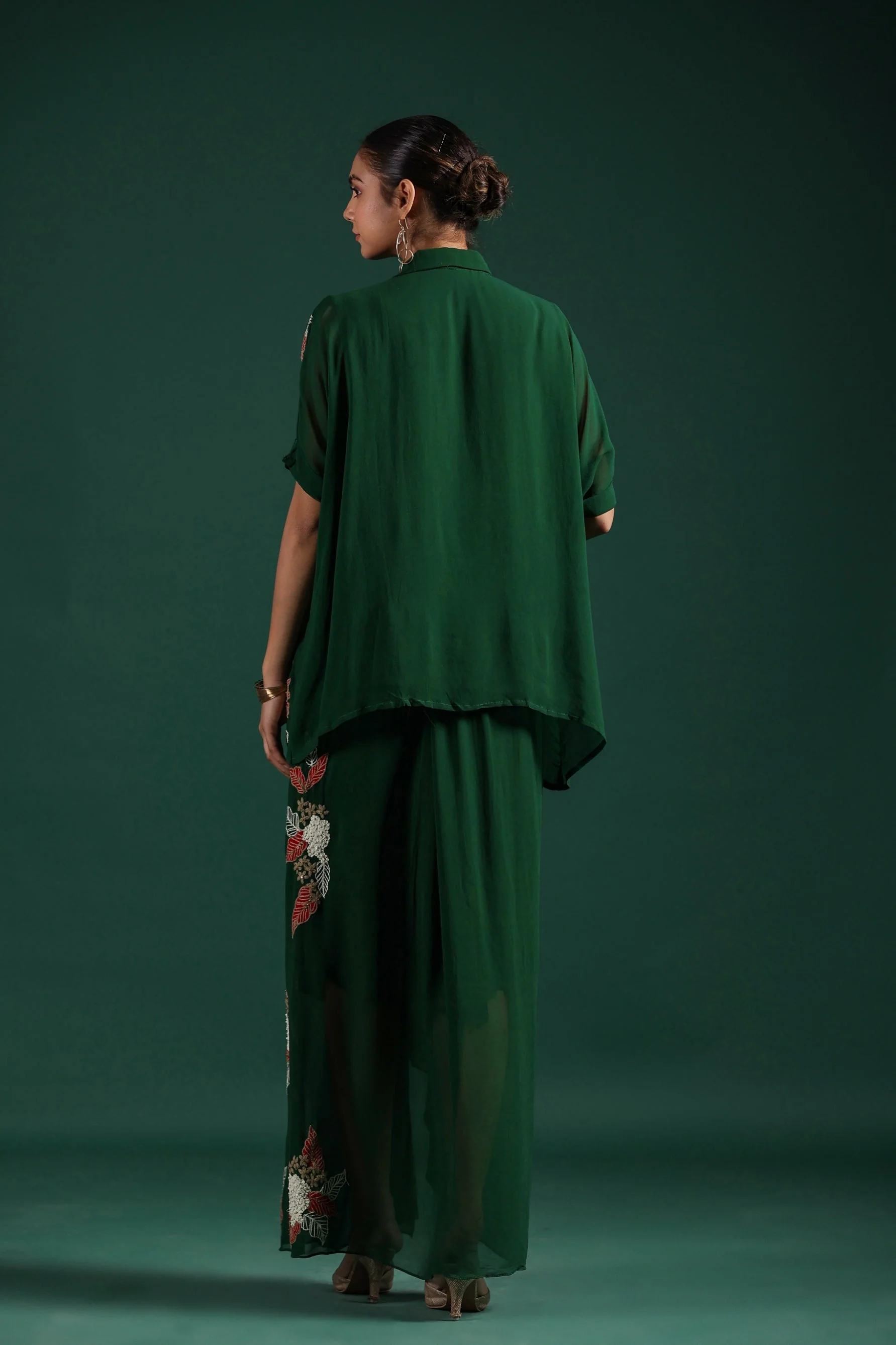 Deep Green Embroidered Premium Georgette Skirt Set - Image 5