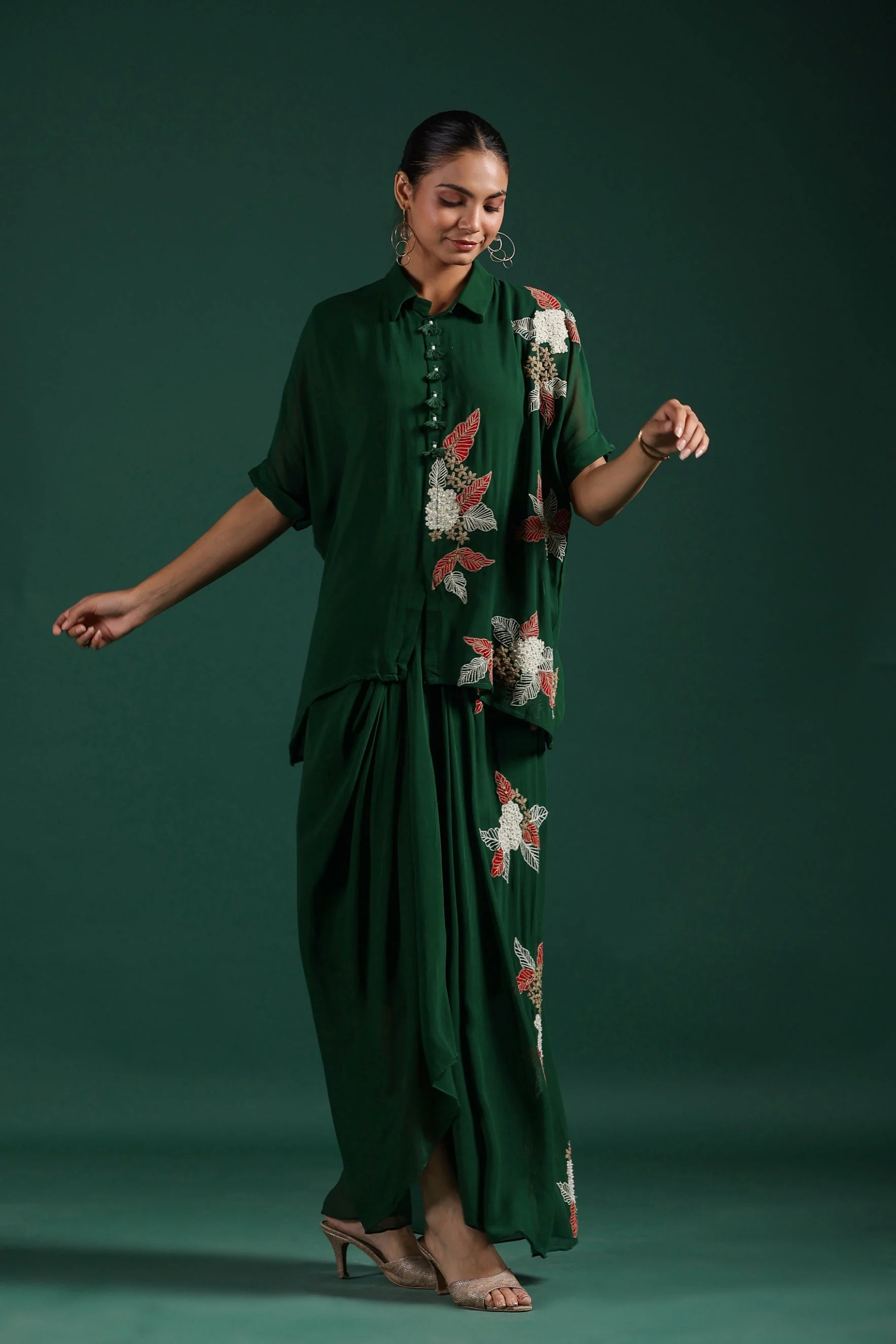 Deep Green Embroidered Premium Georgette Skirt Set - Image 6