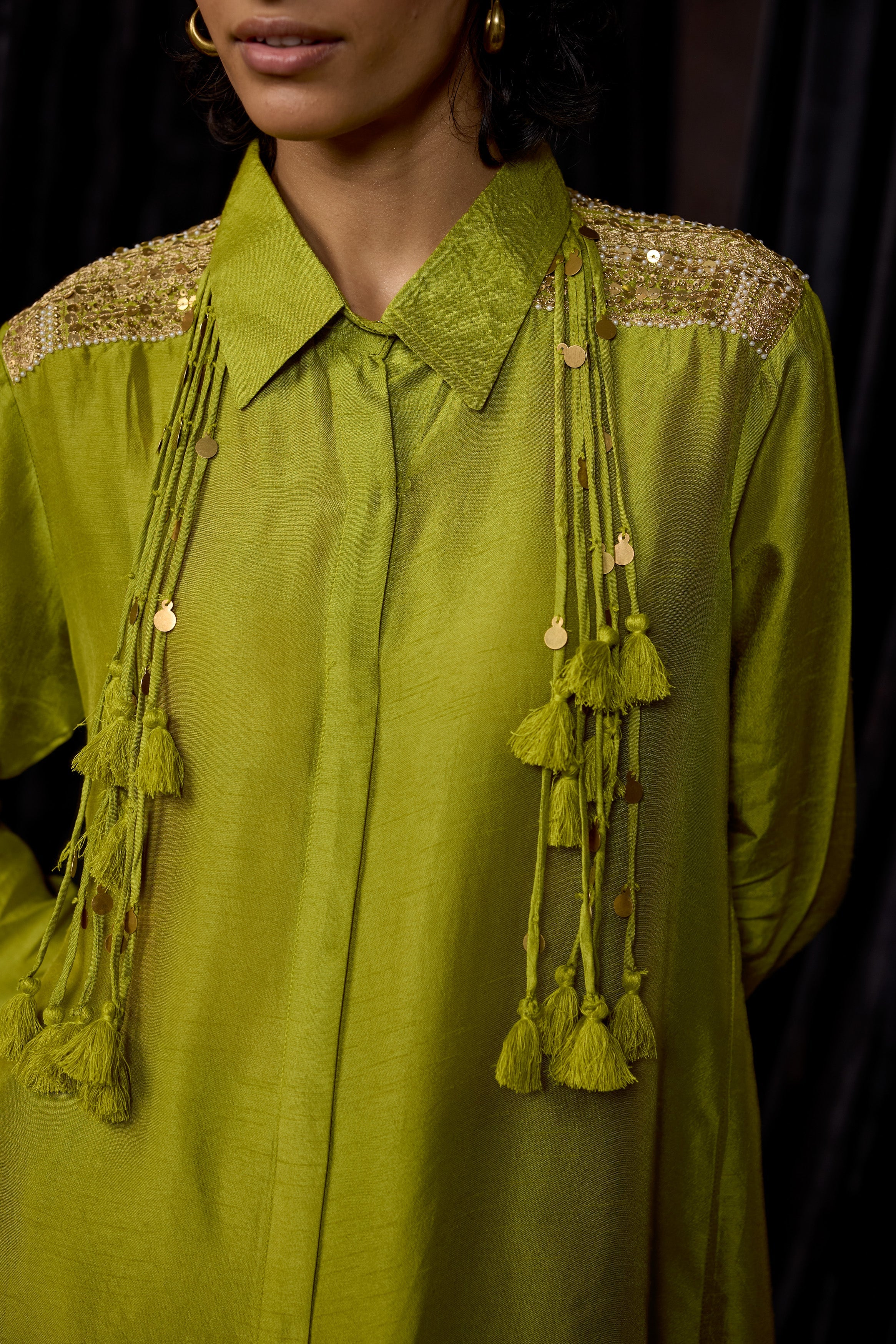 Lime Green Embellished Raw Silk Co-Ord Set - Image 2