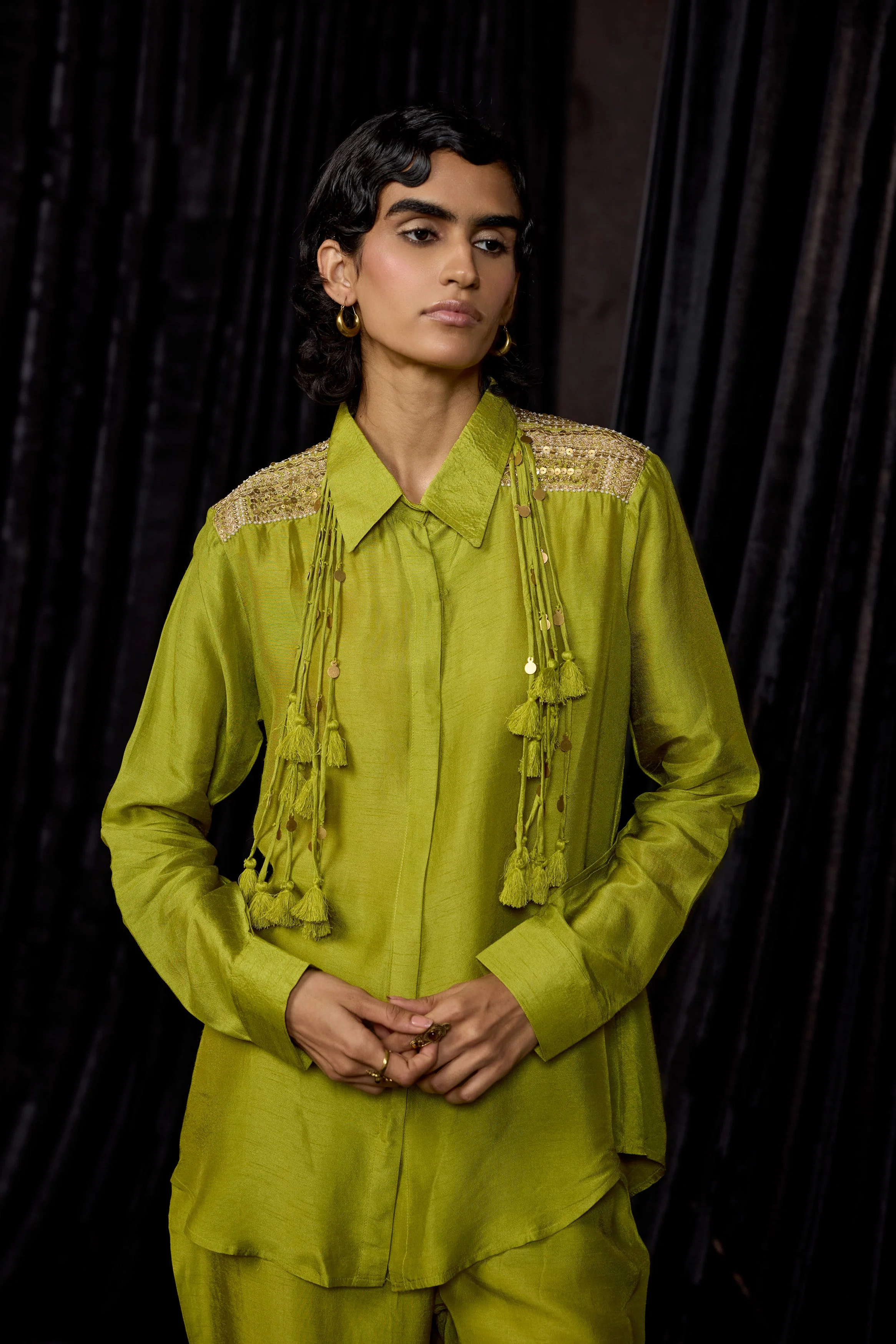 Lime Green Embellished Raw Silk Co-Ord Set - Image 3