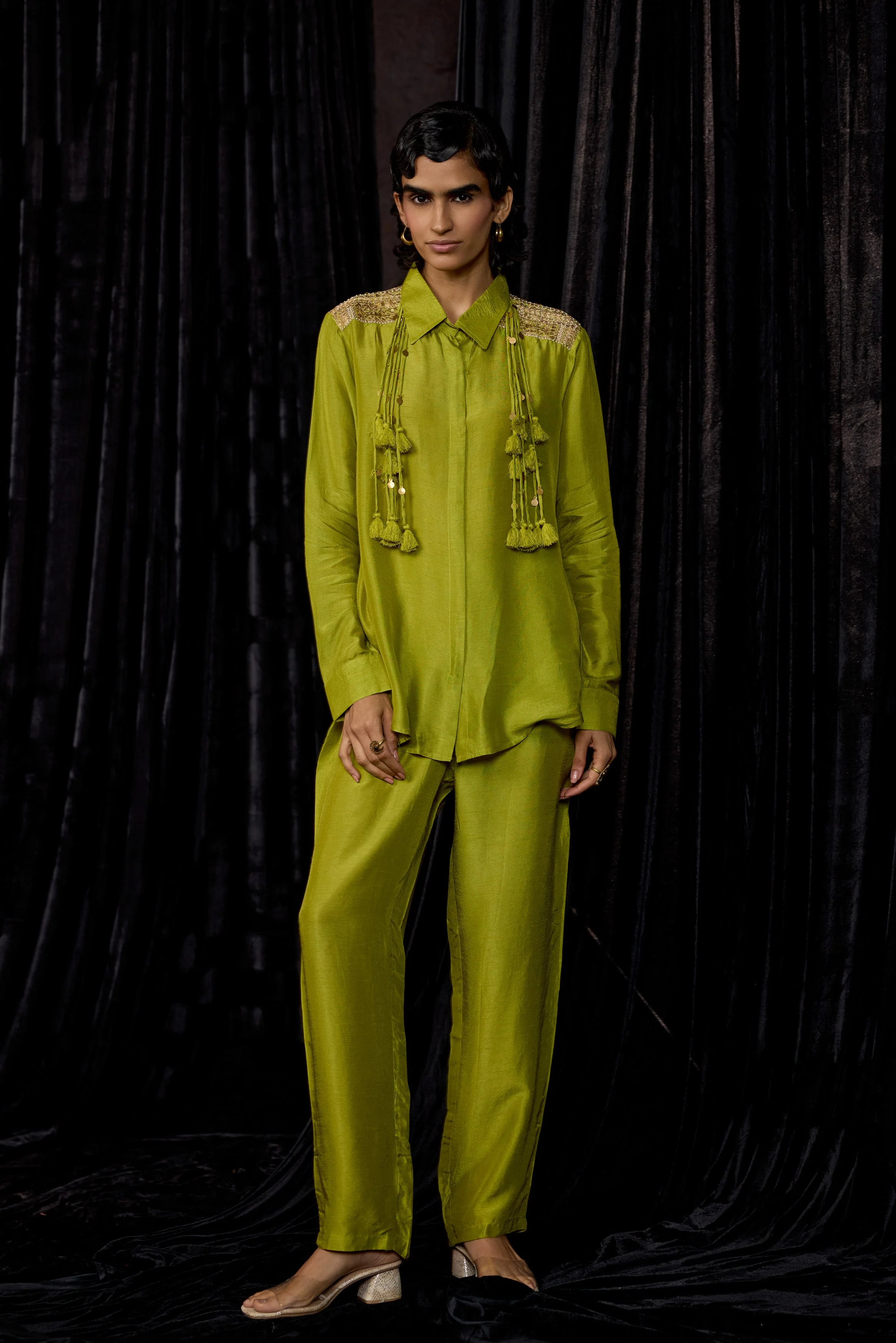 Lime Green Embellished Raw Silk Co-Ord Set - Image 4