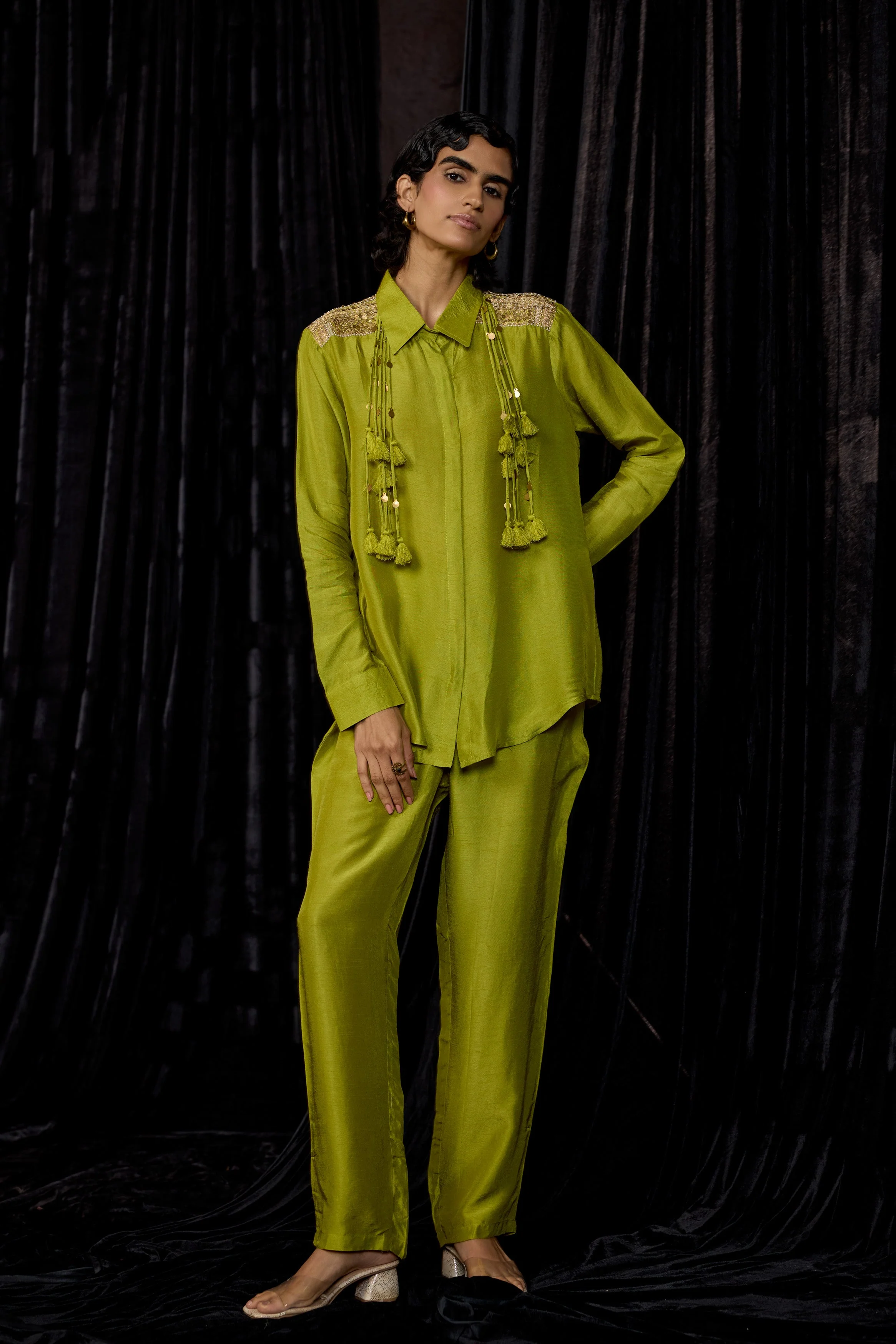 Lime Green Embellished Raw Silk Co-Ord Set - Image 5