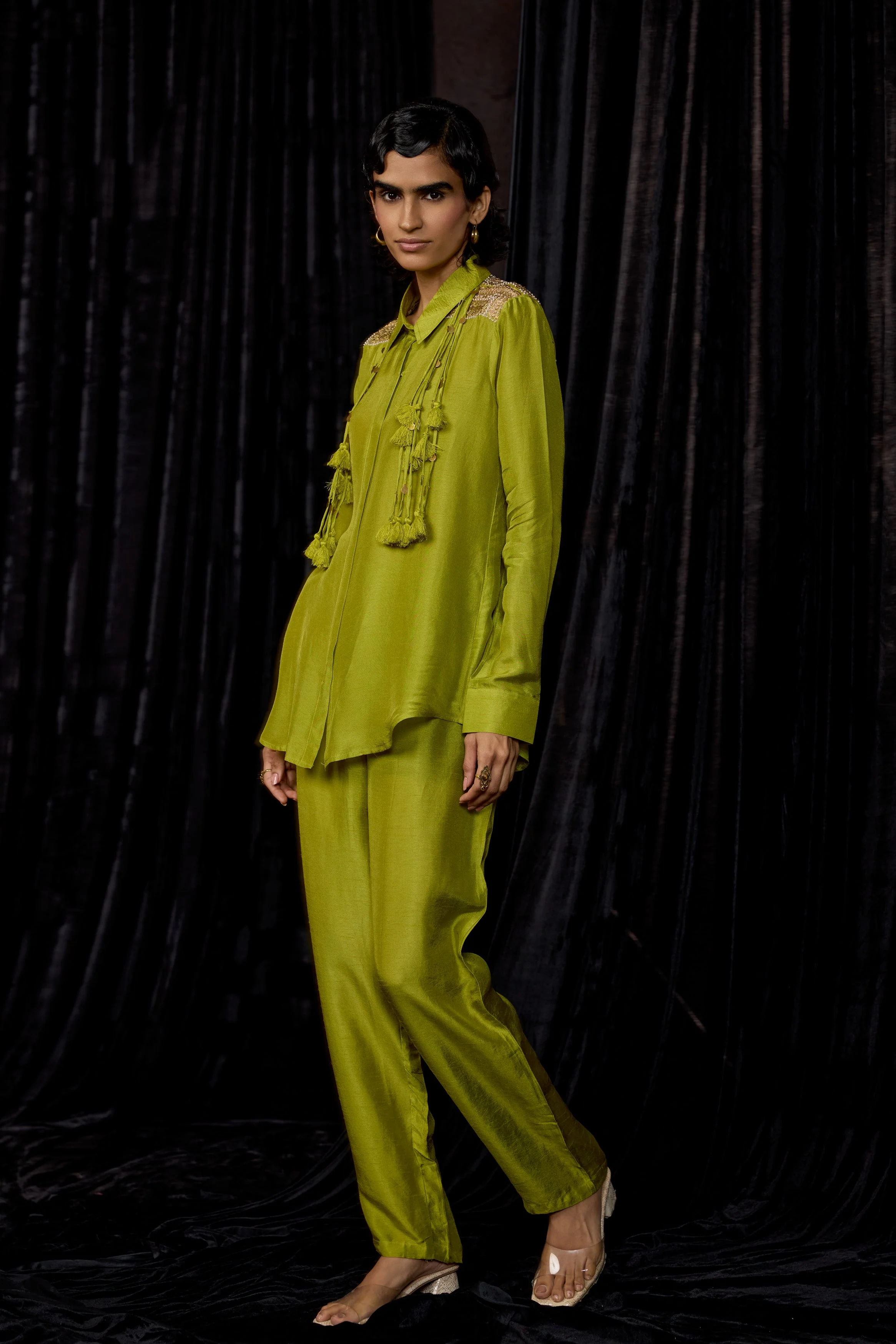 Lime Green Embellished Raw Silk Co-Ord Set - Image 6