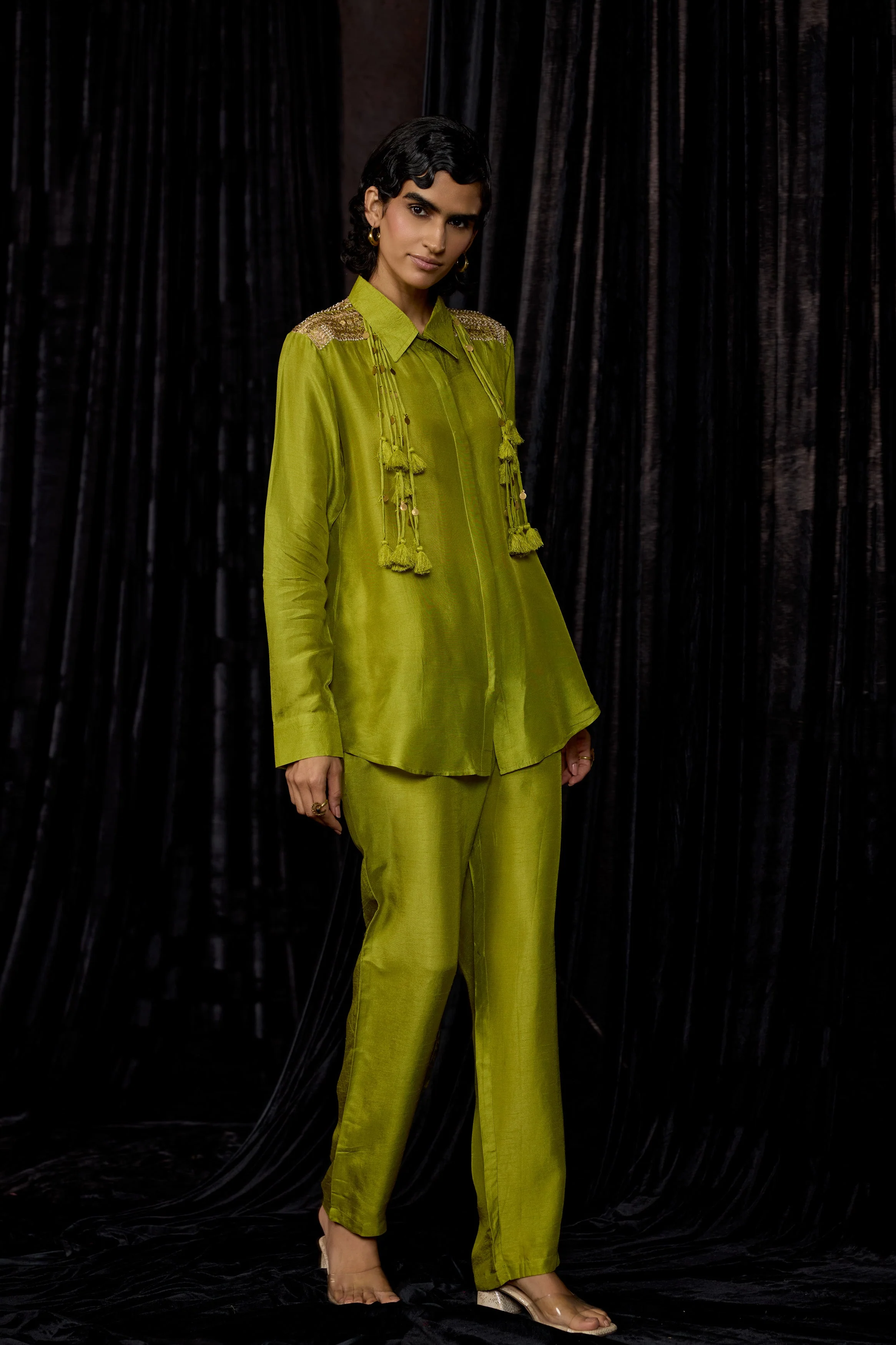 Lime Green Embellished Raw Silk Co-Ord Set - Image 7