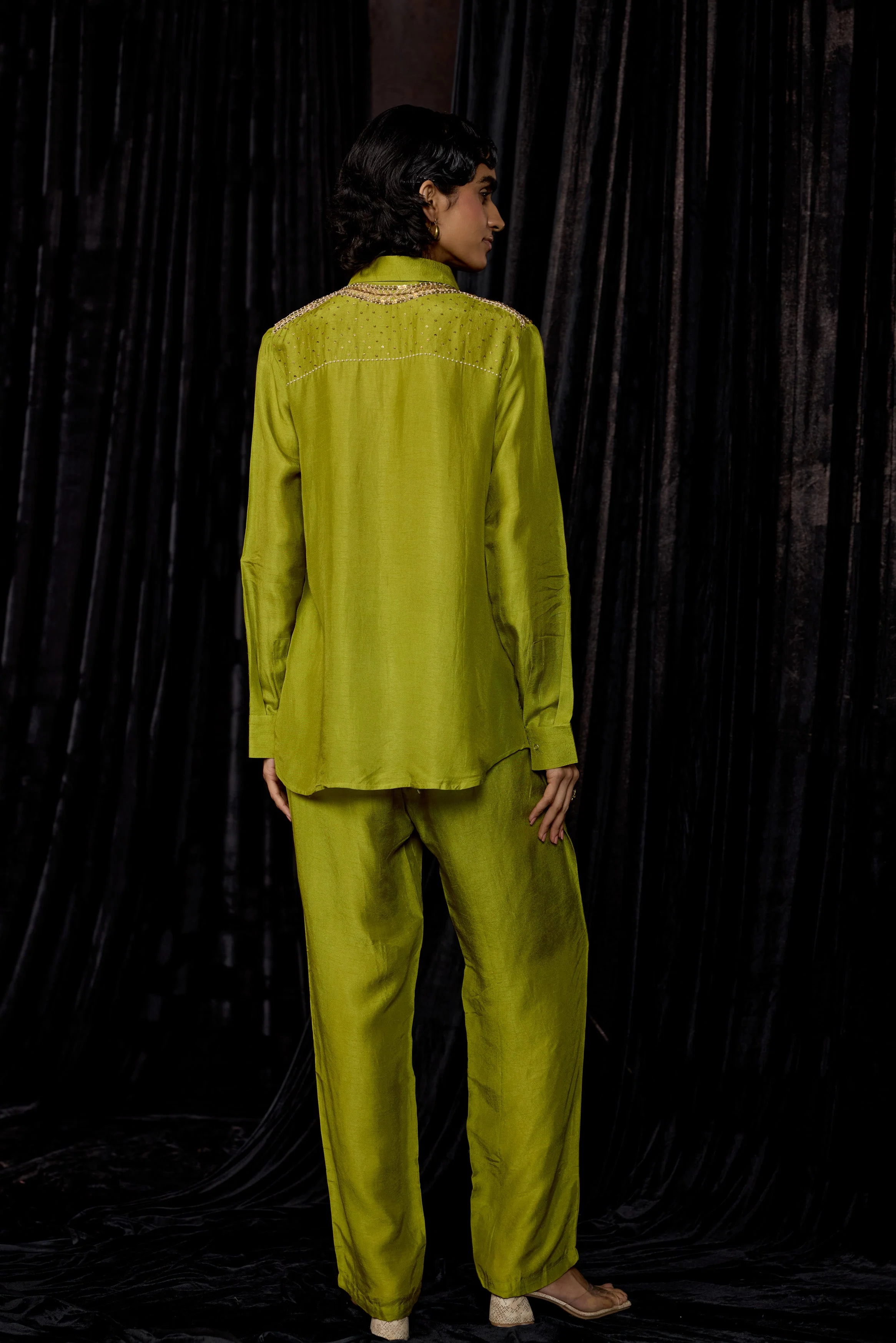 Lime Green Embellished Raw Silk Co-Ord Set - Image 8