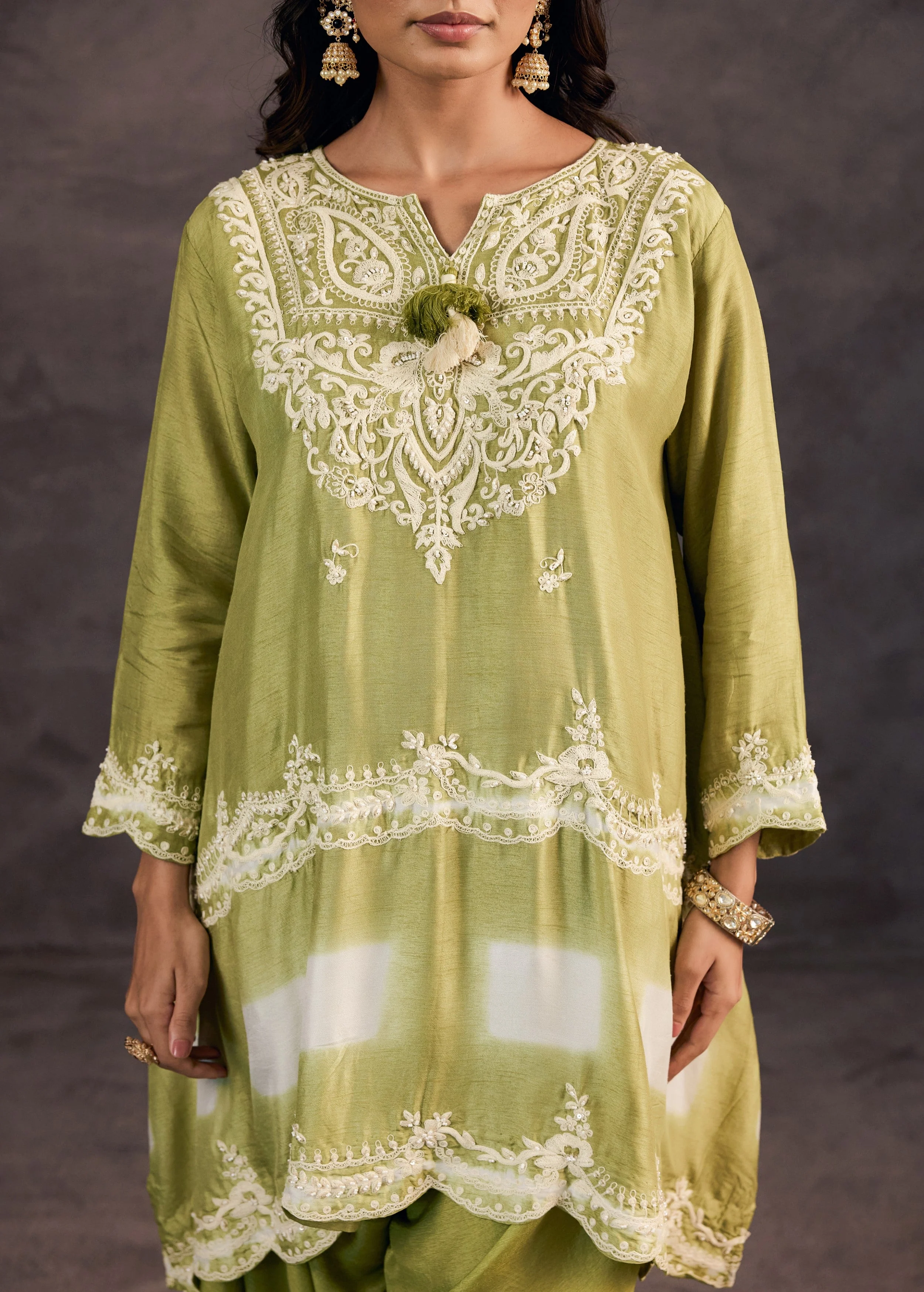 Sage Green Embroidered Raw Silk Palazzo Set - Image 2