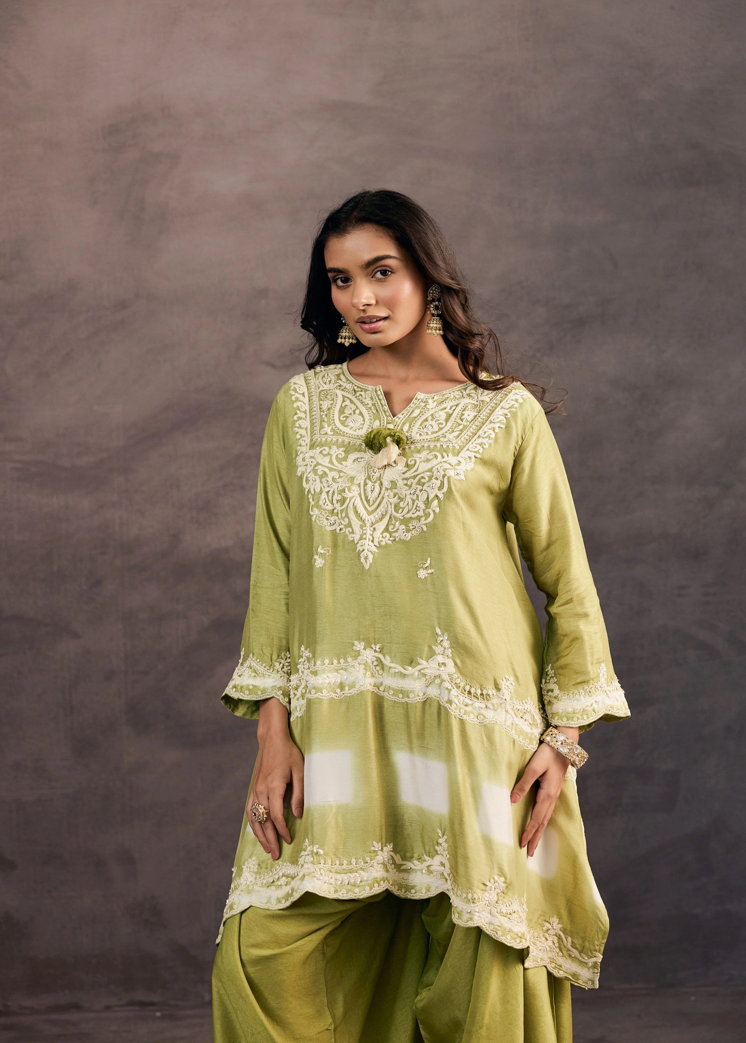 Sage Green Embroidered Raw Silk Palazzo Set - Image 4