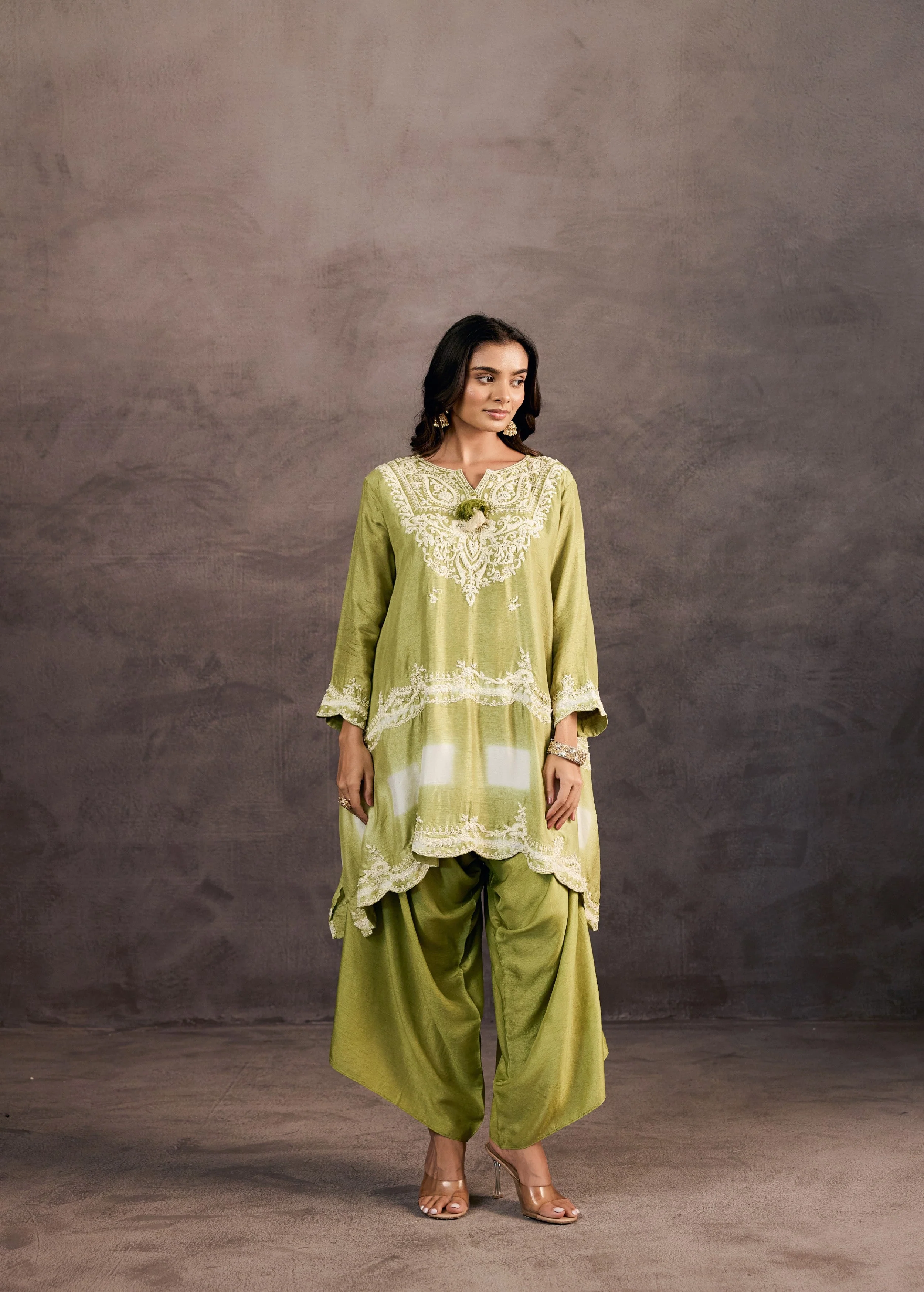 Sage Green Embroidered Raw Silk Palazzo Set - Image 5