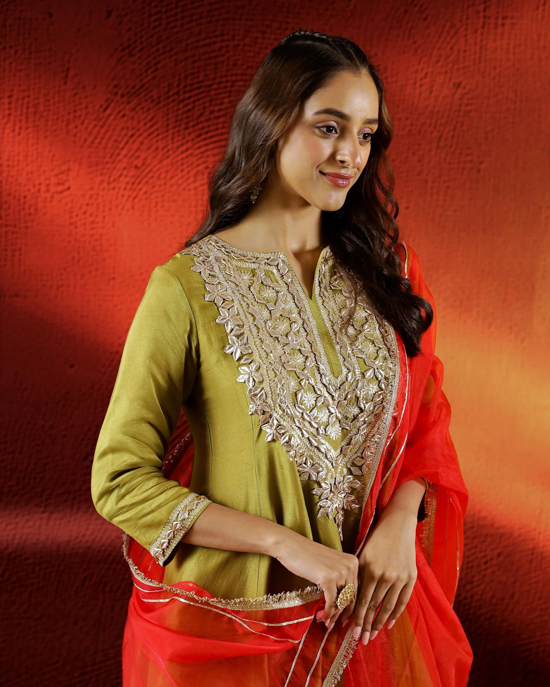 Green Embroidered Spanish Silk Pants Set - Image 2
