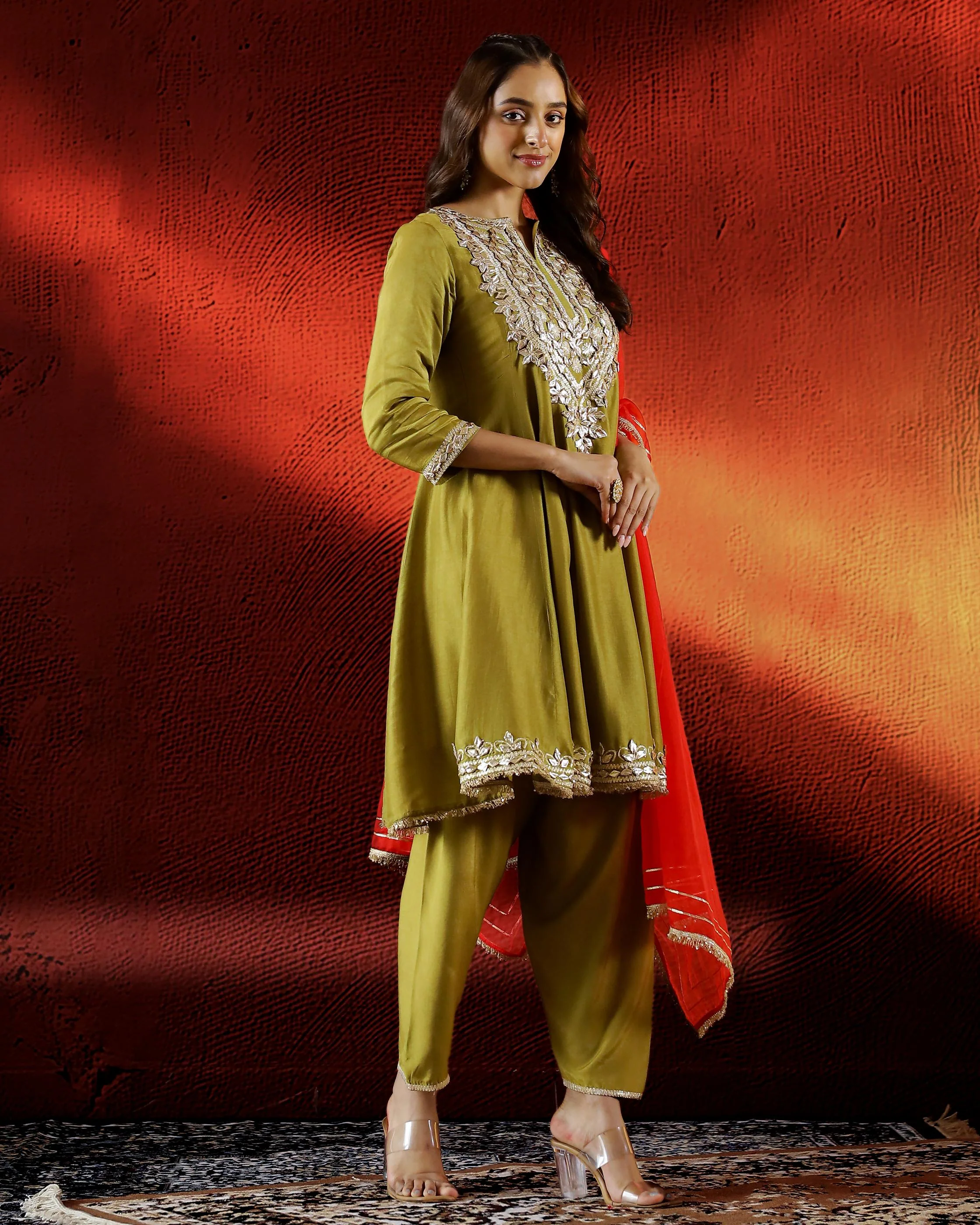 Green Embroidered Spanish Silk Pants Set - Image 3