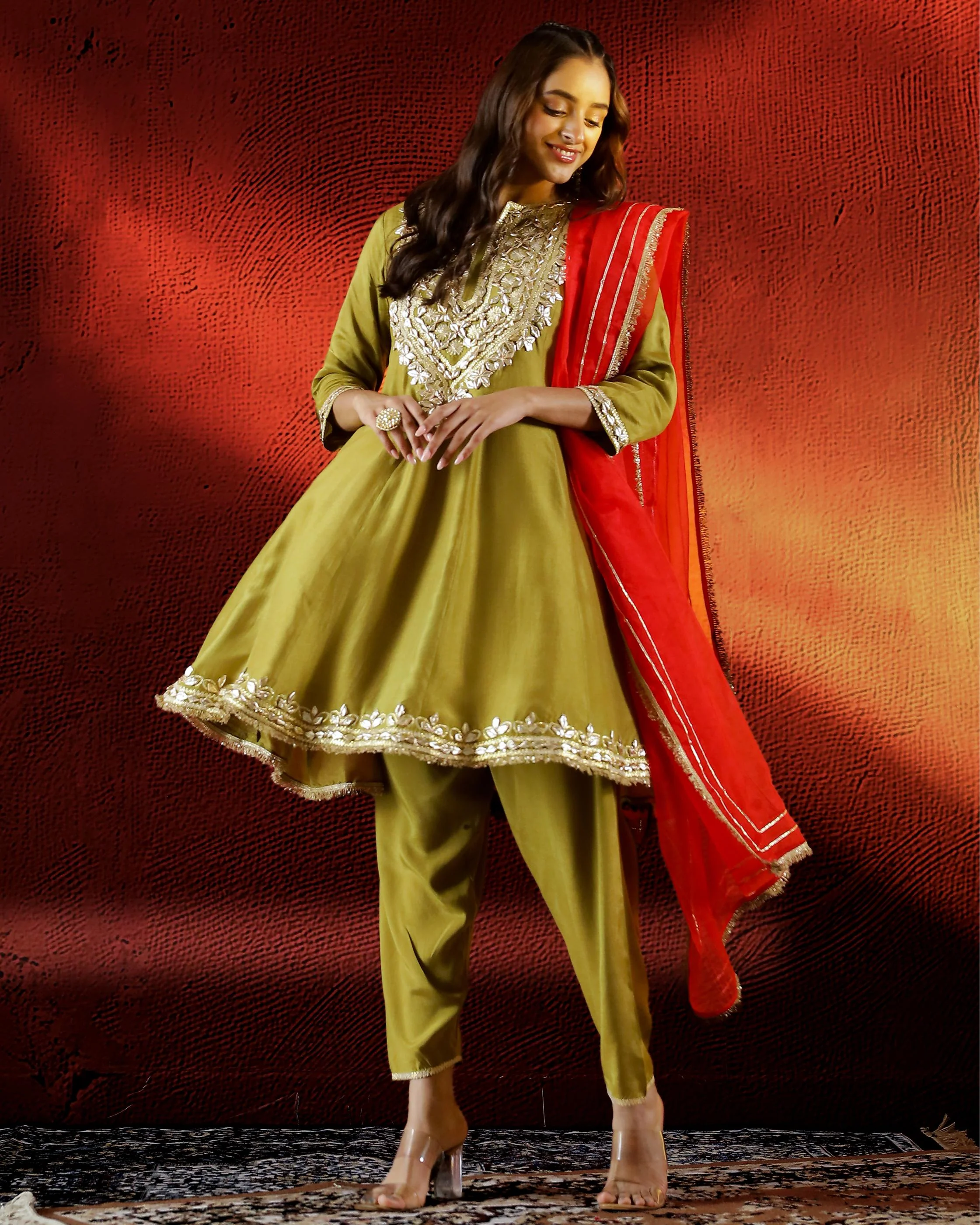 Green Embroidered Spanish Silk Pants Set - Image 4