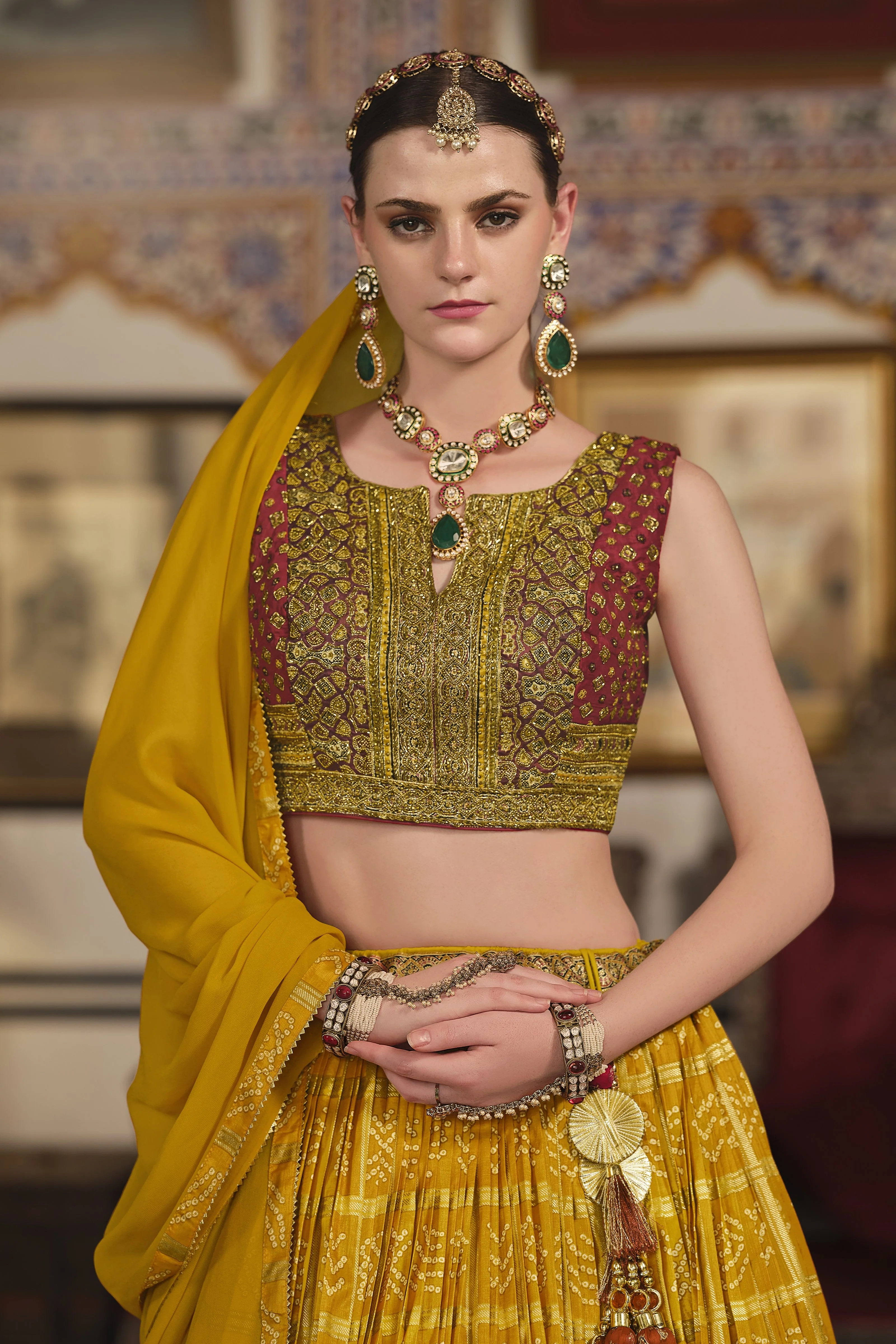 Mustard Bandhani Printed Premium Silk Lehenga Set - Image 3