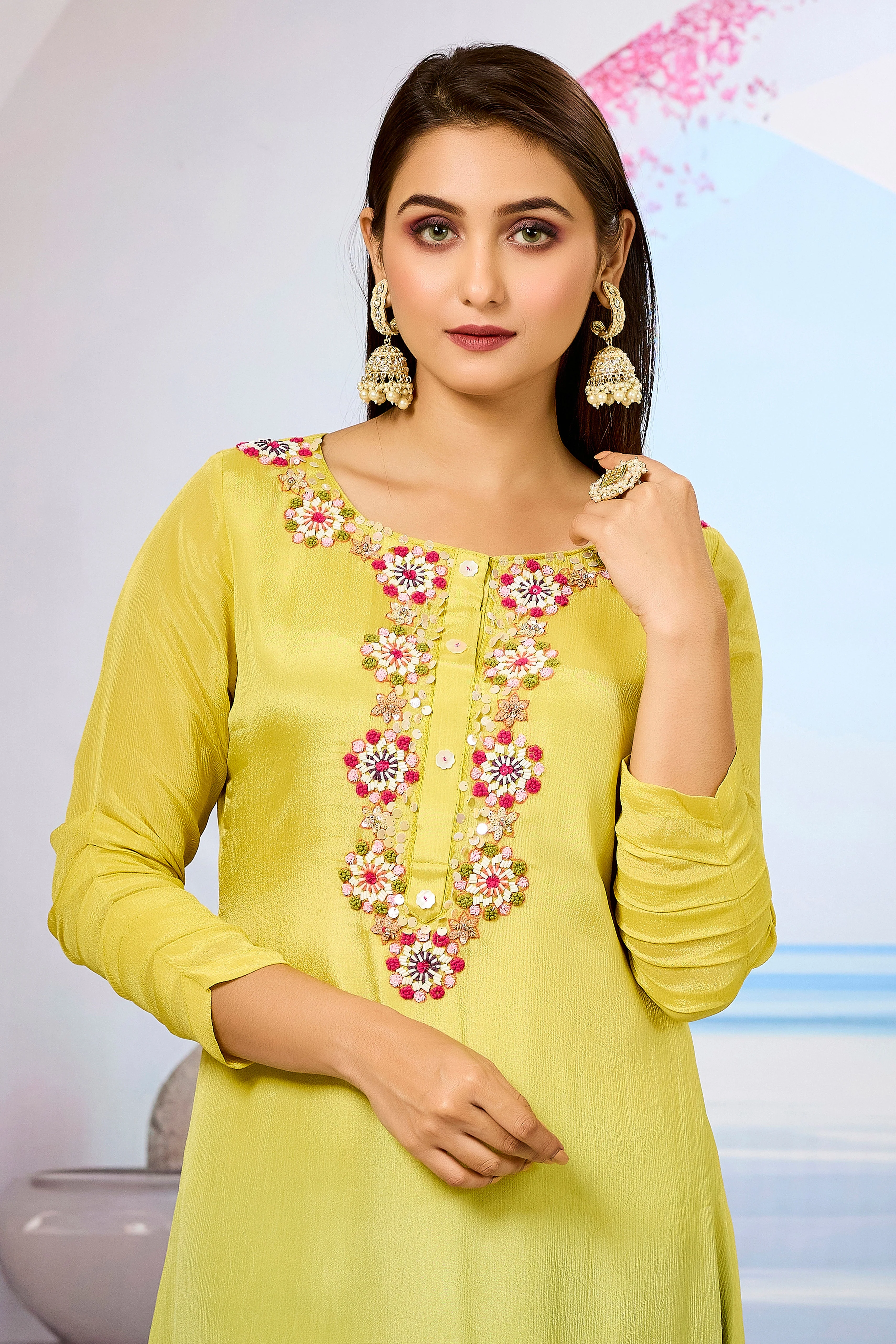 Yellow Ombre-Dyed Chinon Silk Palazzo Set - Image 2
