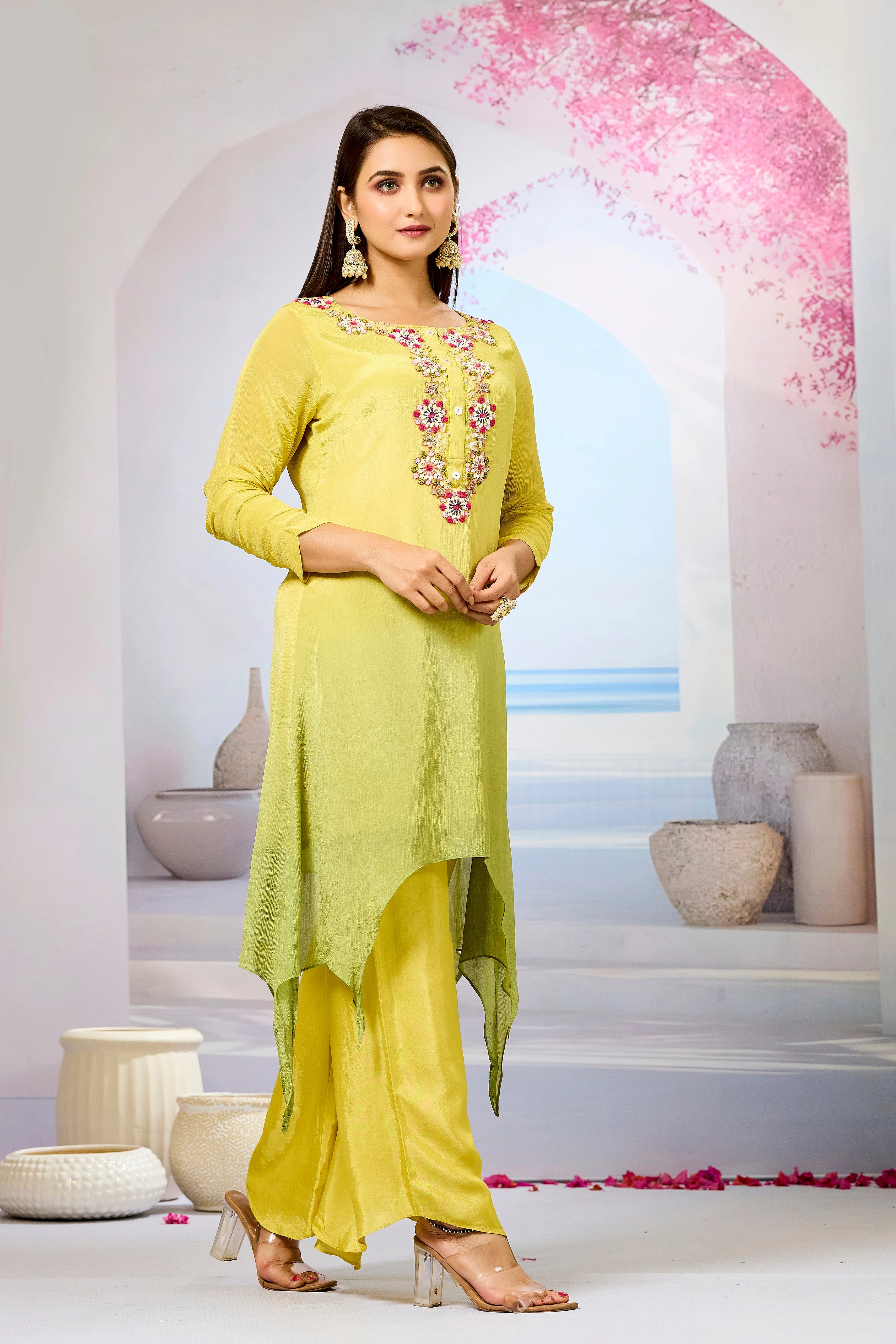 Yellow Ombre-Dyed Chinon Silk Palazzo Set - Image 3