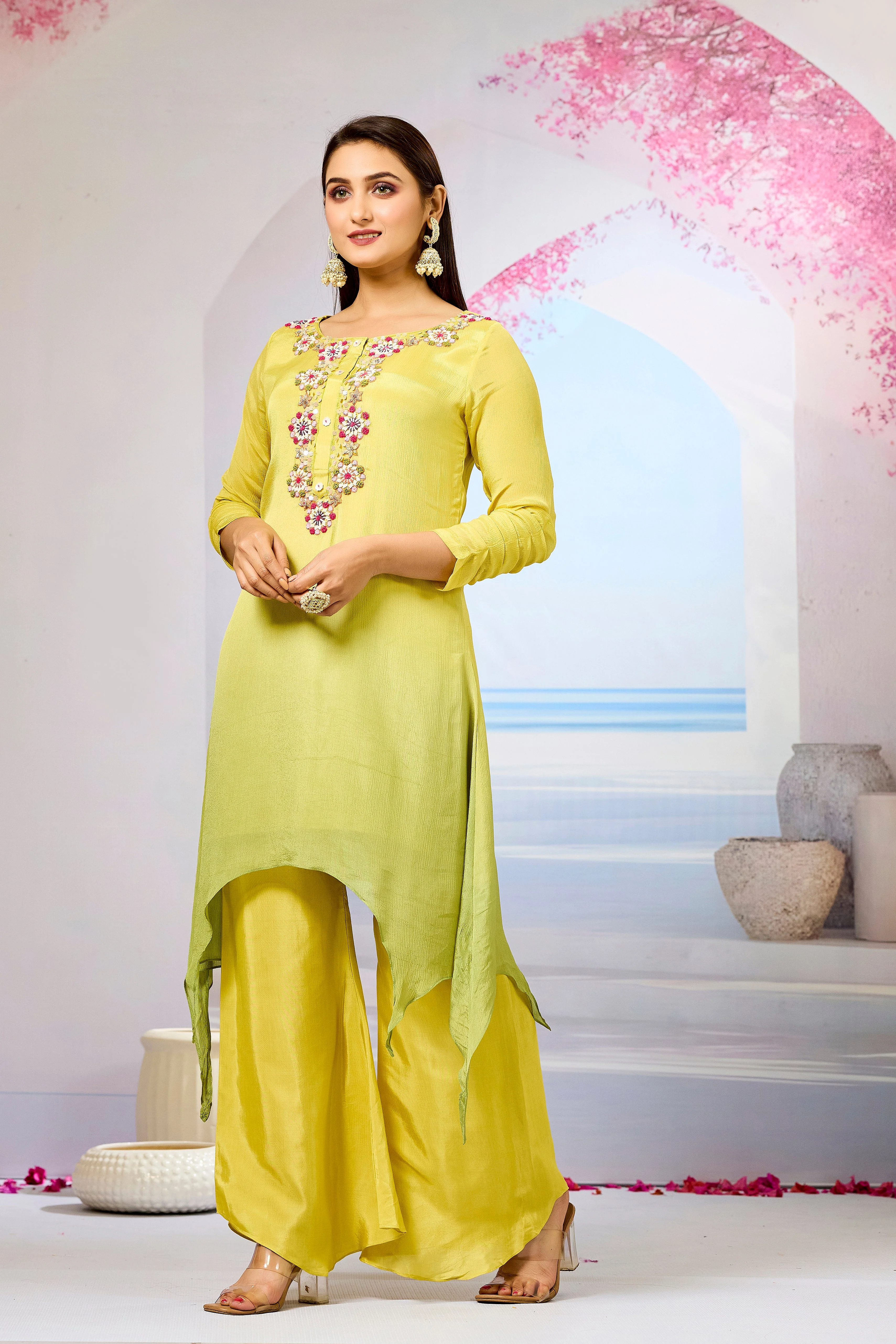 Yellow Ombre-Dyed Chinon Silk Palazzo Set - Image 4