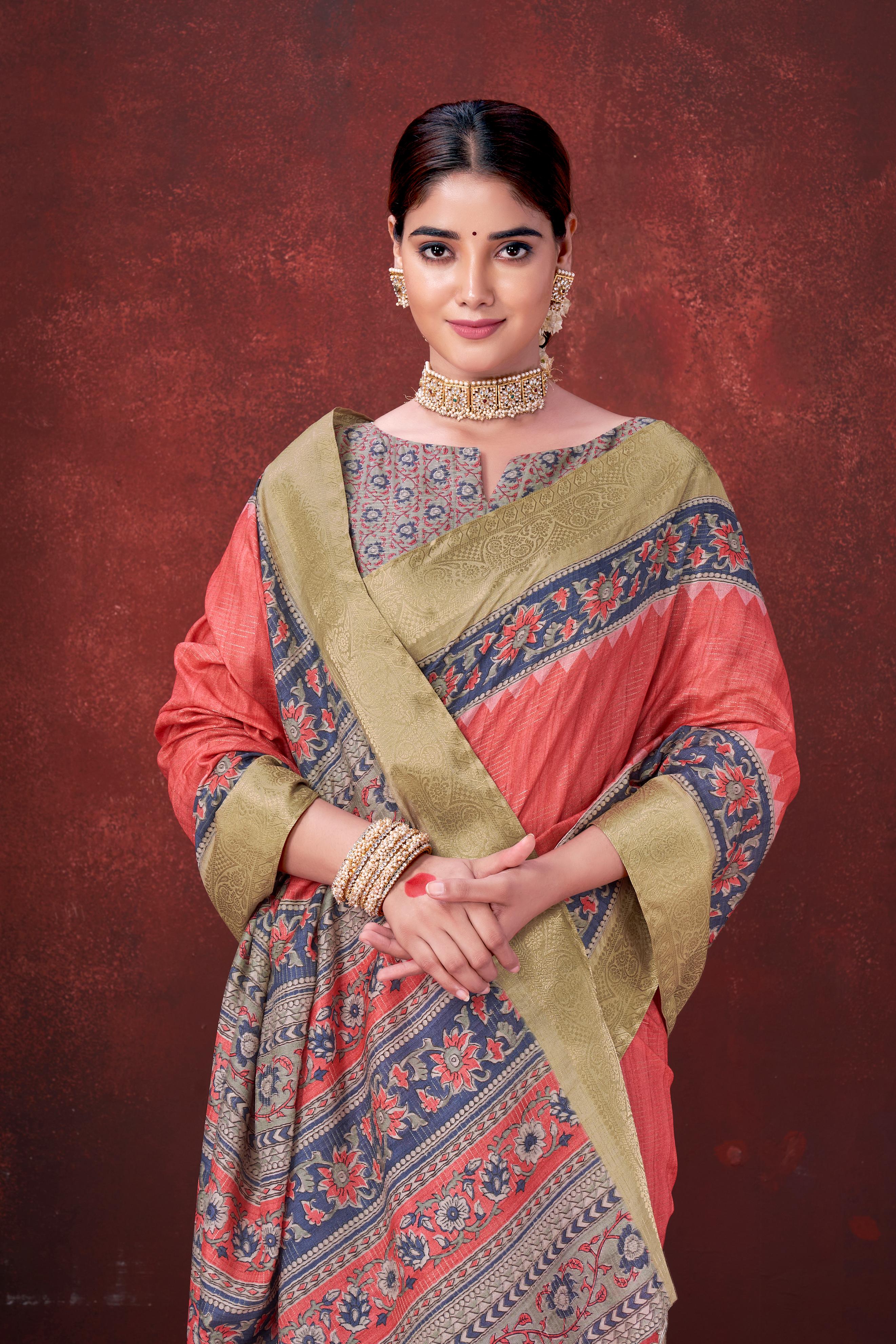 Red Premium Silk Saree with Foil Floral Print - Image 2
