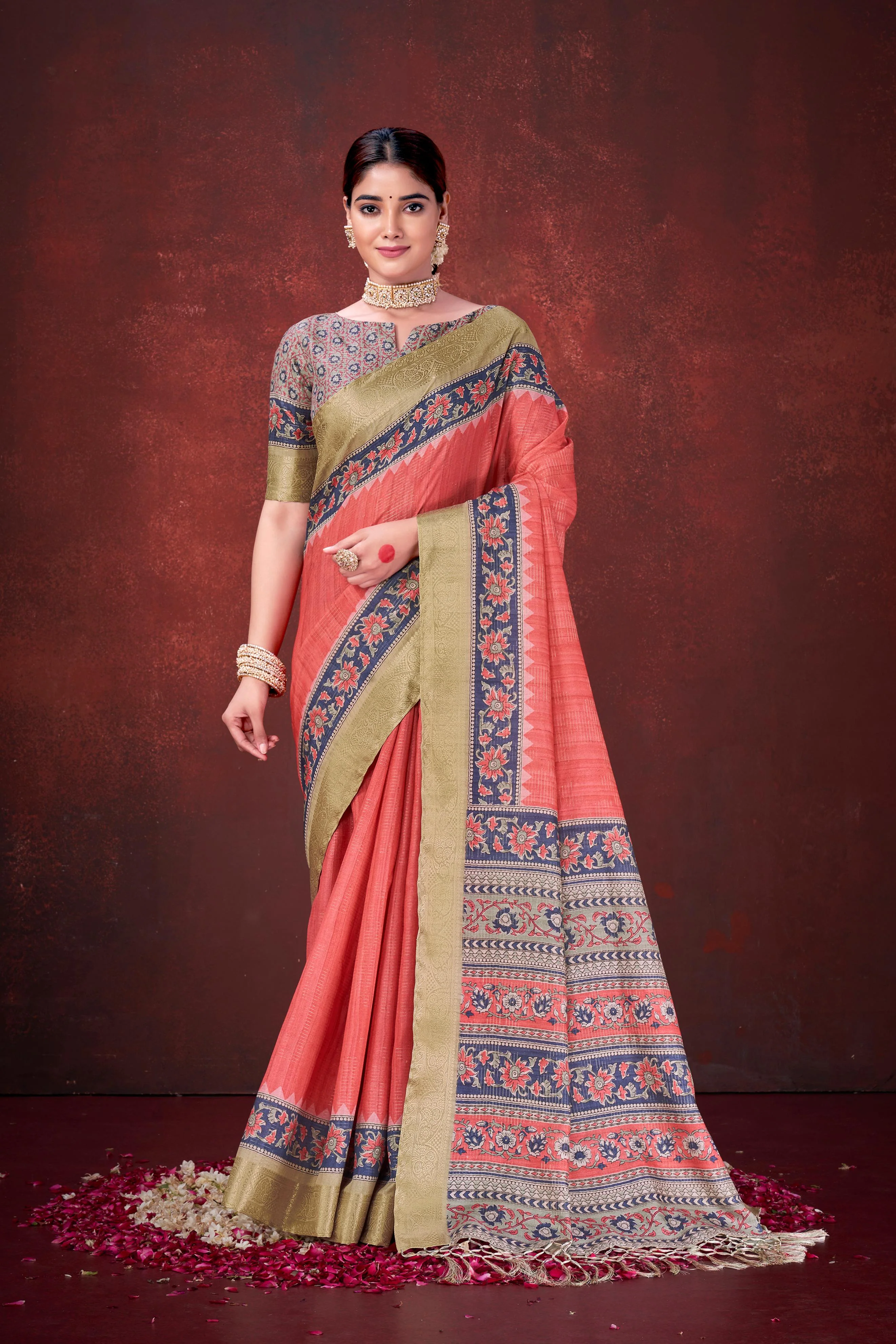 Red Premium Silk Saree with Foil Floral Print - Image 3