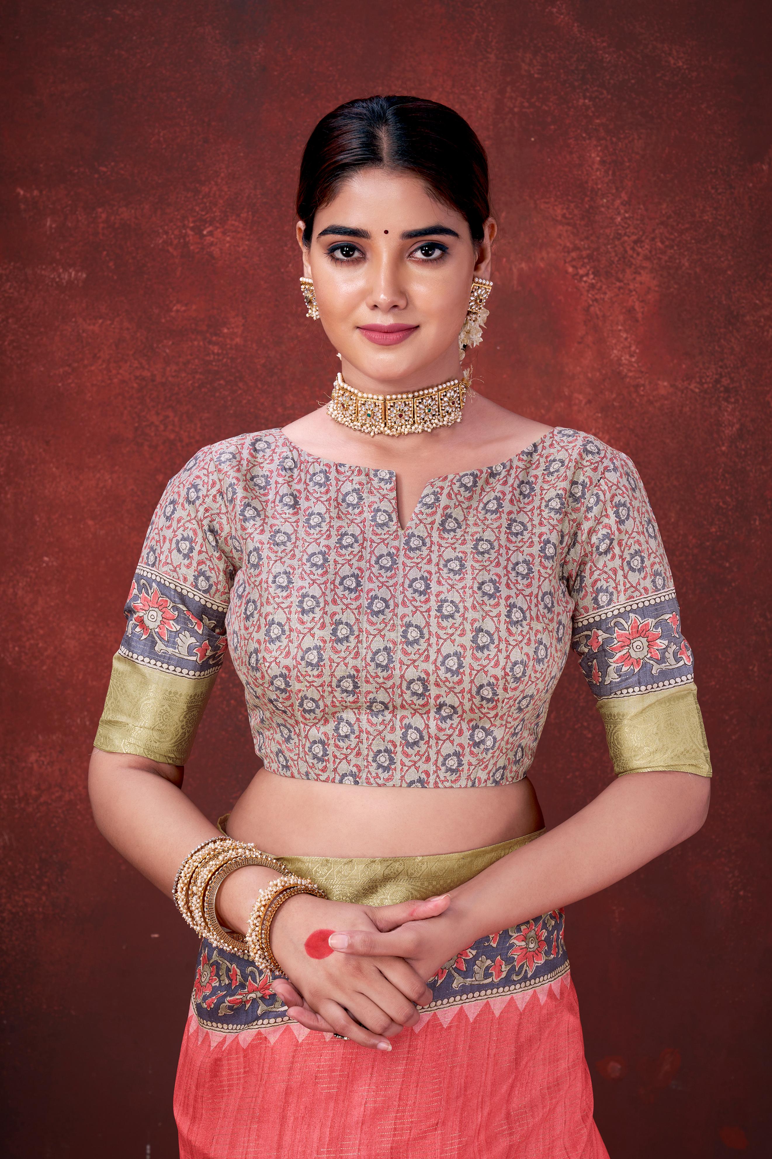Red Premium Silk Saree with Foil Floral Print - Image 4