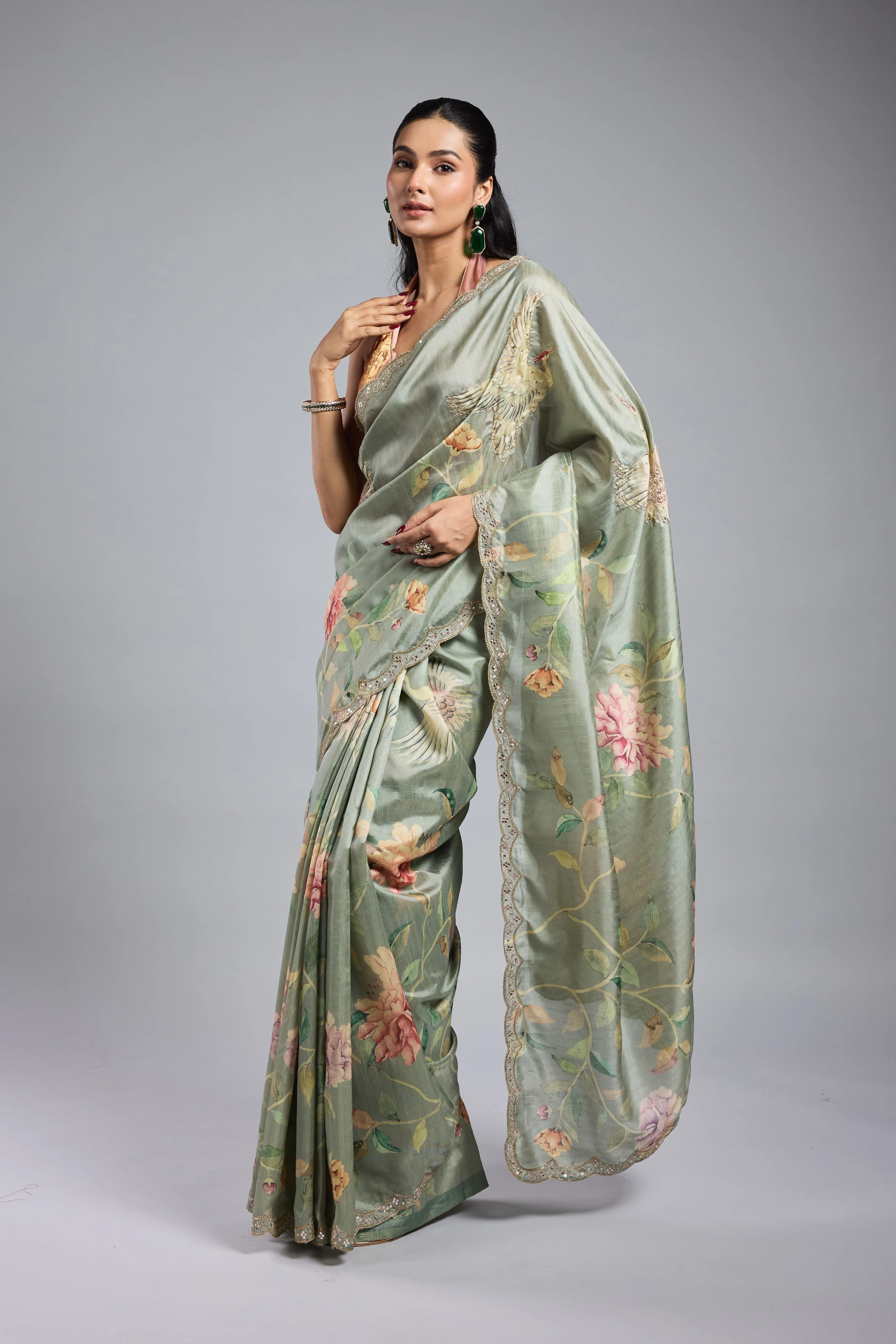 Green Printed Bhagalpuri Tussar Silk Saree - Image 3