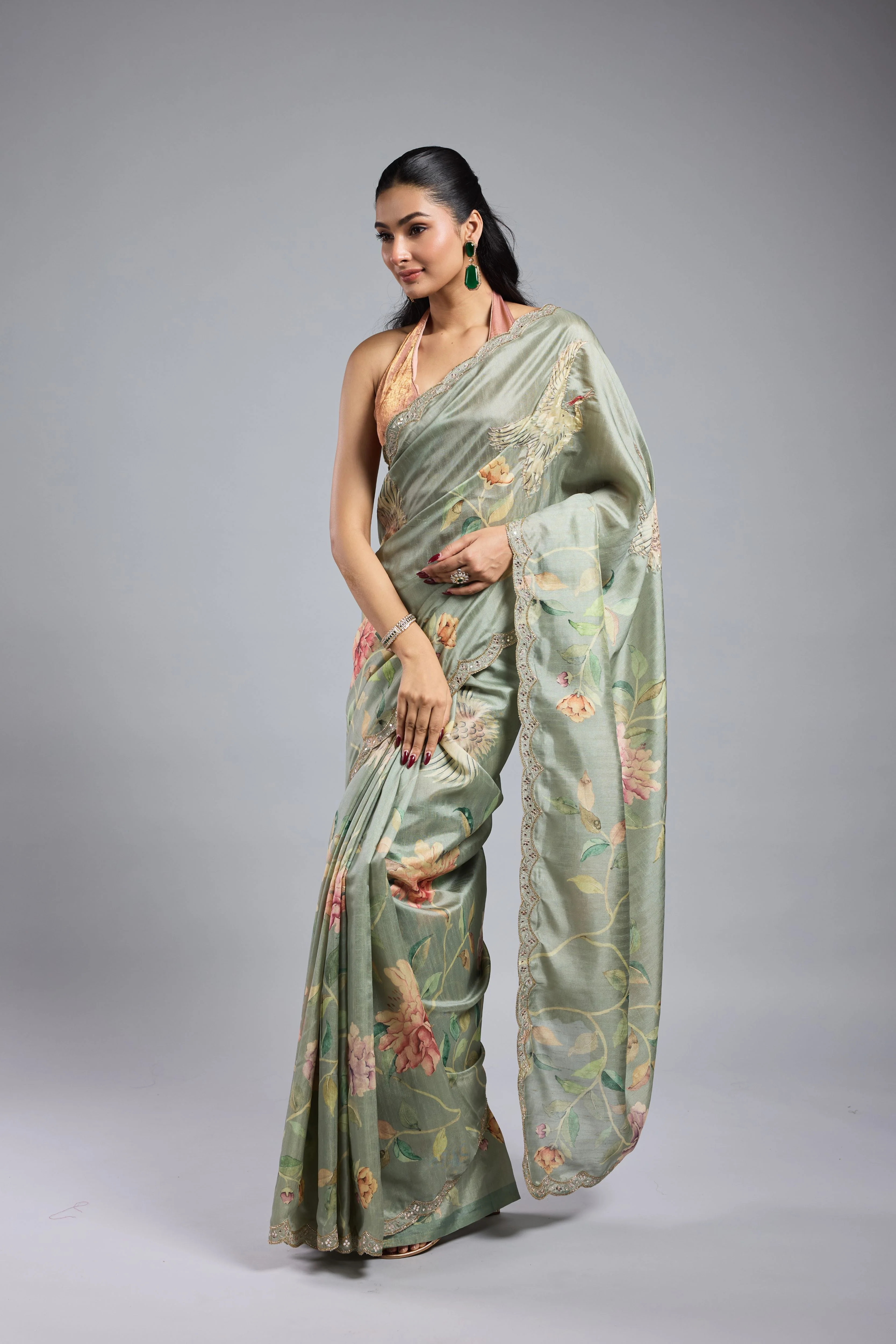 Green Printed Bhagalpuri Tussar Silk Saree - Image 4