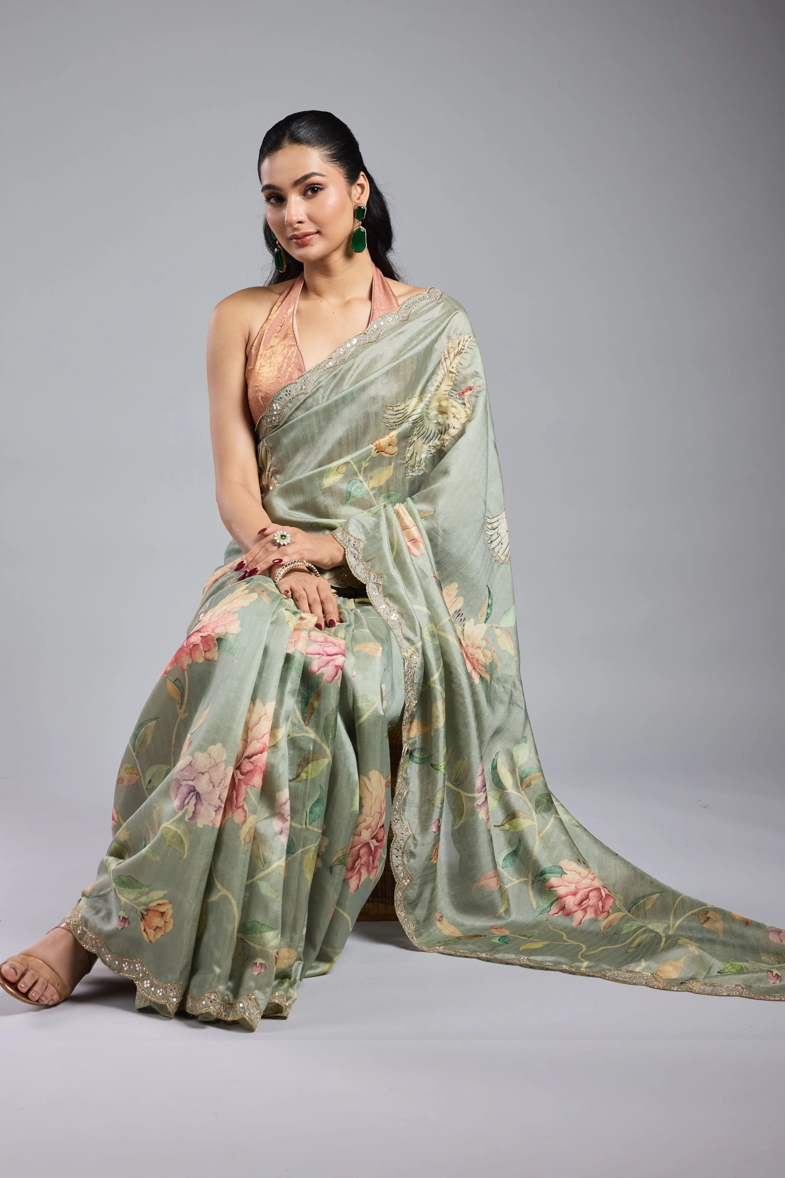 Green Printed Bhagalpuri Tussar Silk Saree - Image 5