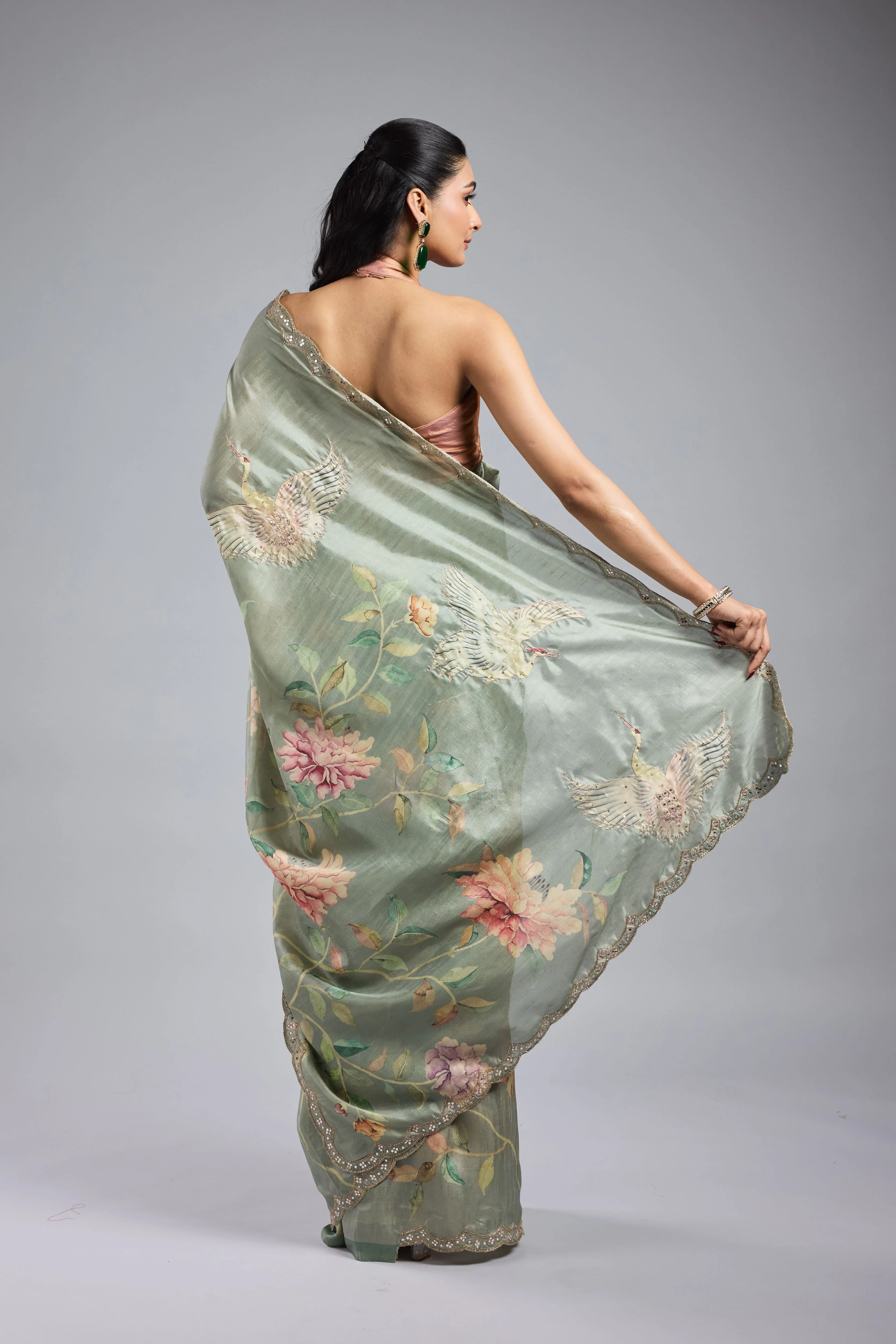 Green Printed Bhagalpuri Tussar Silk Saree - Image 6