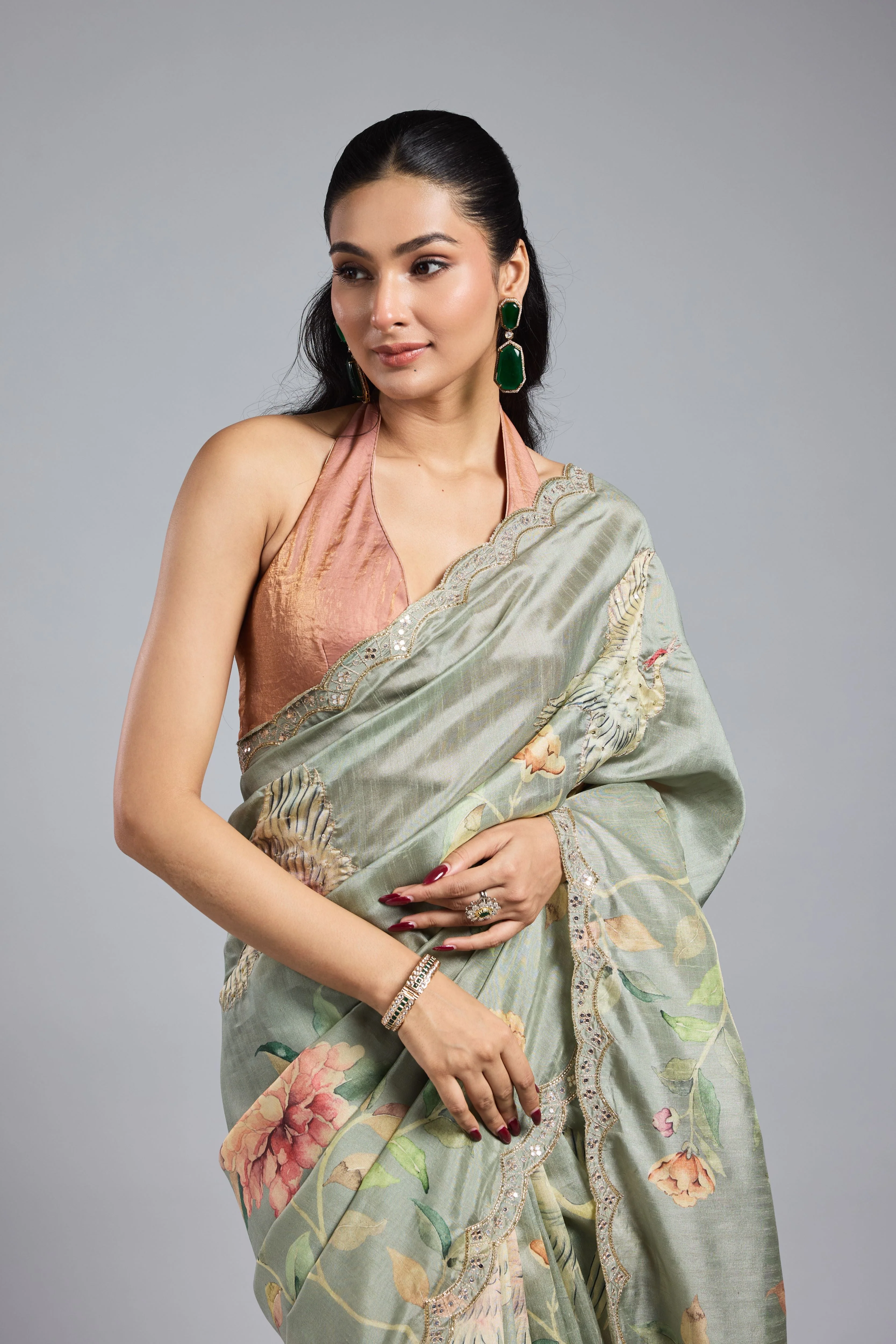 Green Printed Bhagalpuri Tussar Silk Saree - Image 7