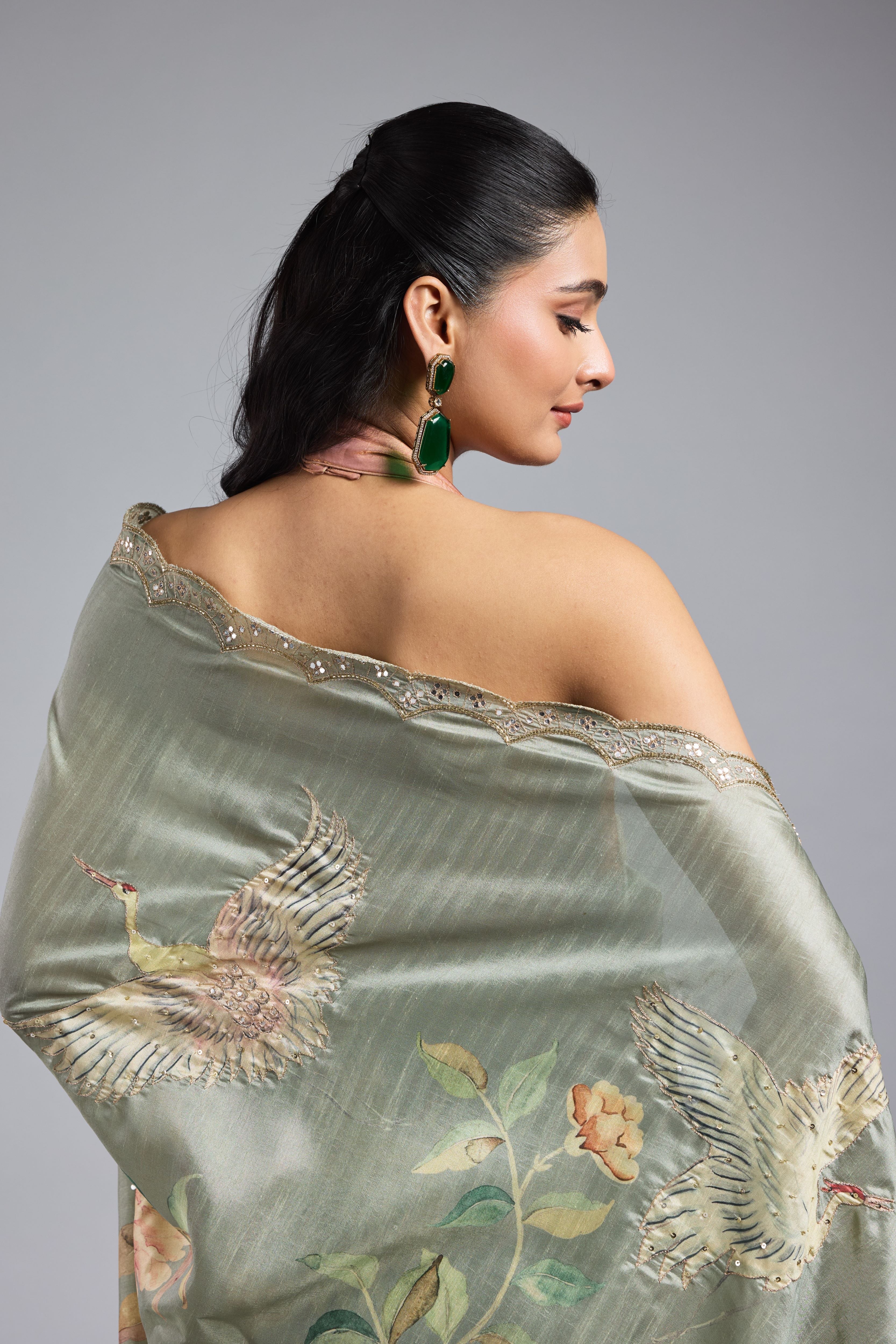 Green Printed Bhagalpuri Tussar Silk Saree - Image 8