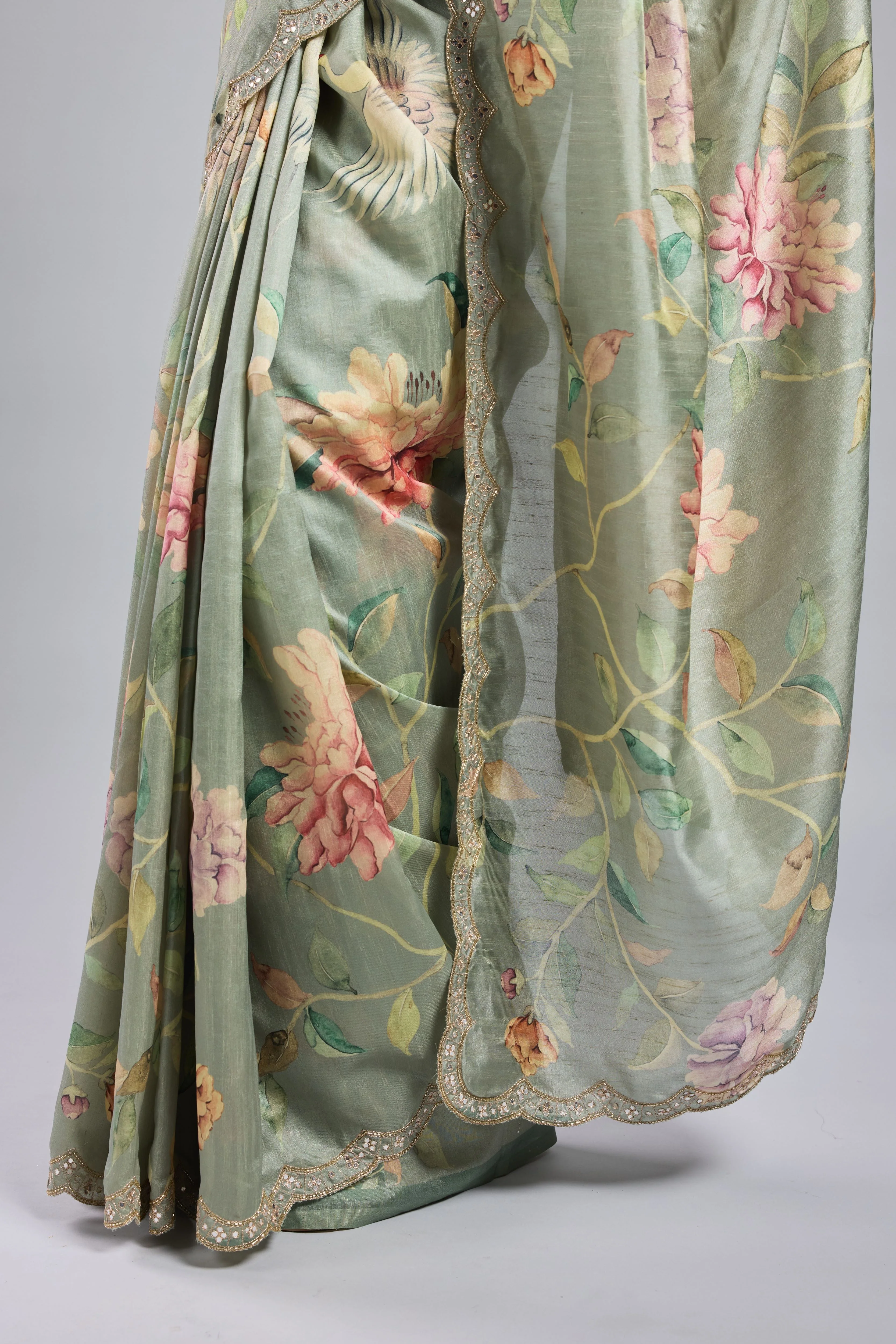 Green Printed Bhagalpuri Tussar Silk Saree - Image 9