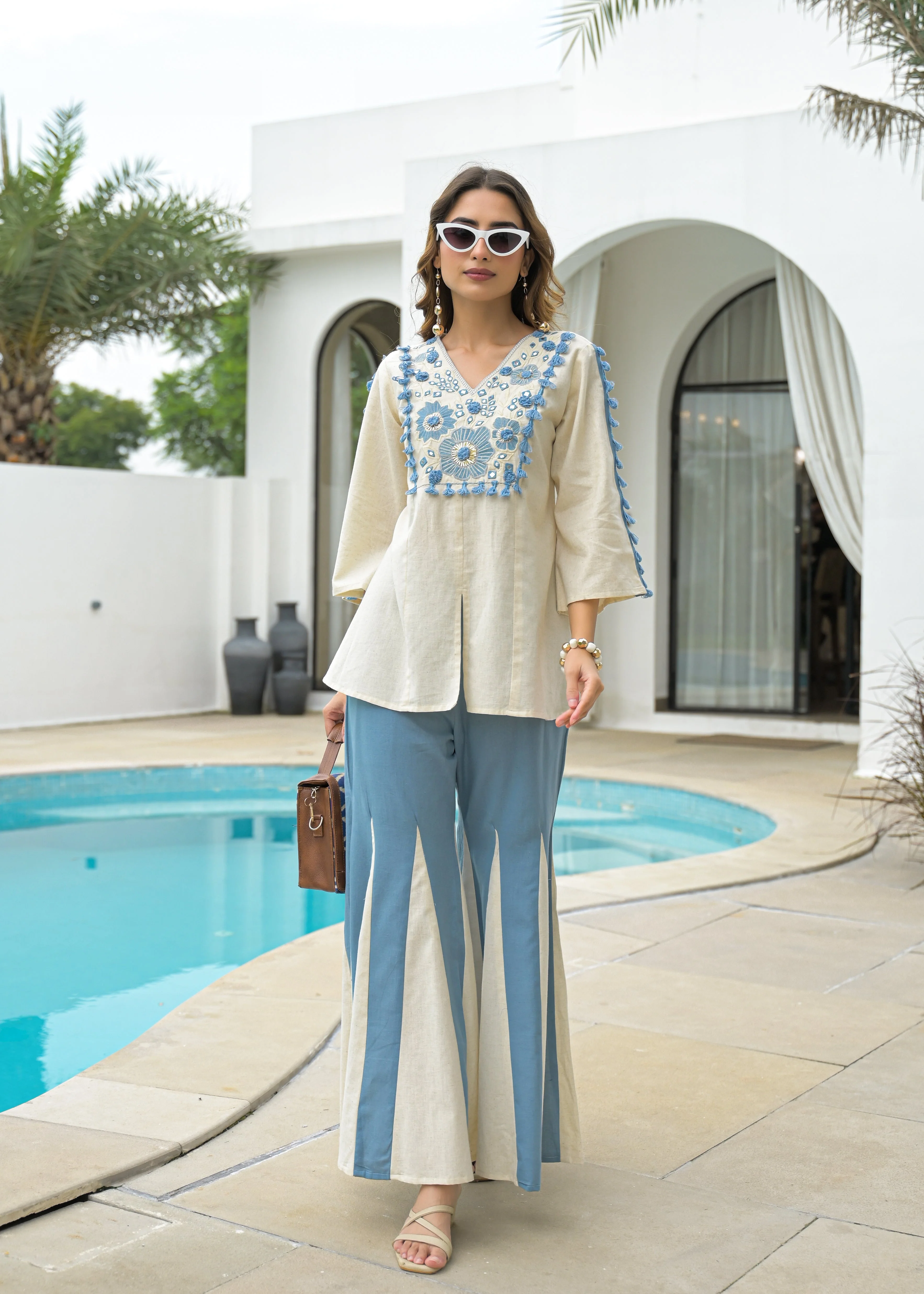 Cream & Blue Cotton Katha Handwork Co-Ord Set - Image 8
