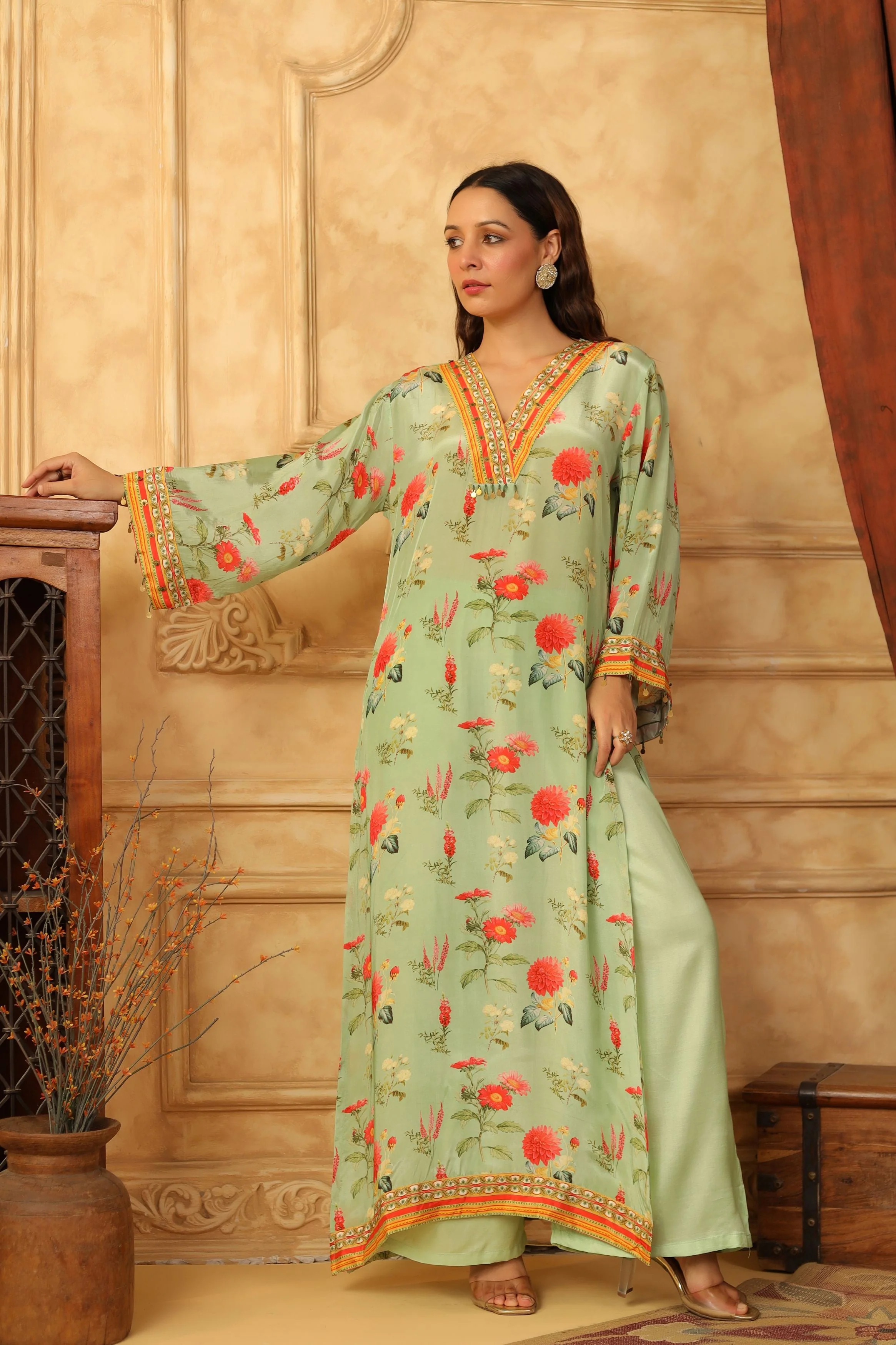 Green Printed Modal Satin Silk Kurta Set - Image 4