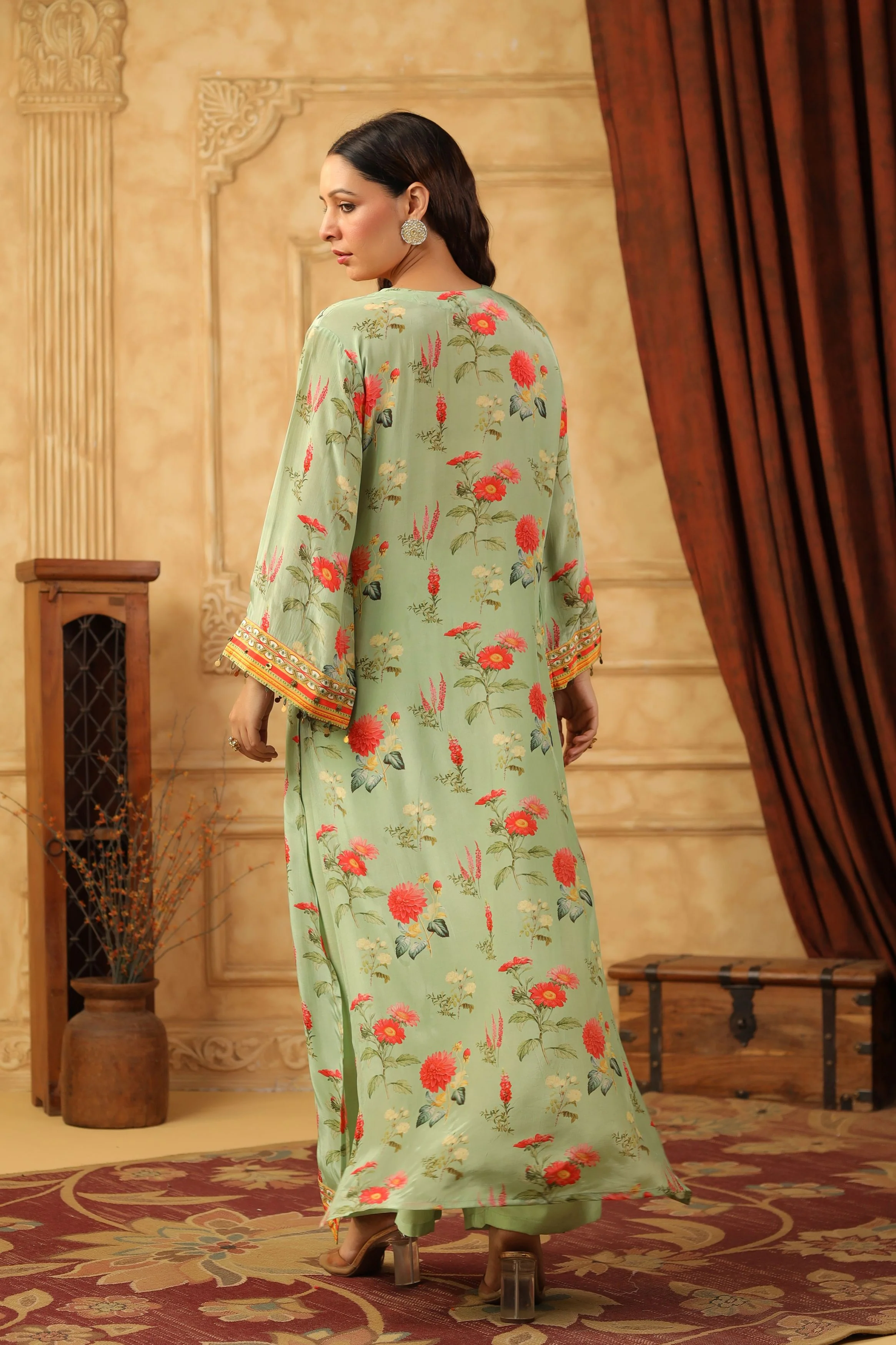 Green Printed Modal Satin Silk Kurta Set - Image 5